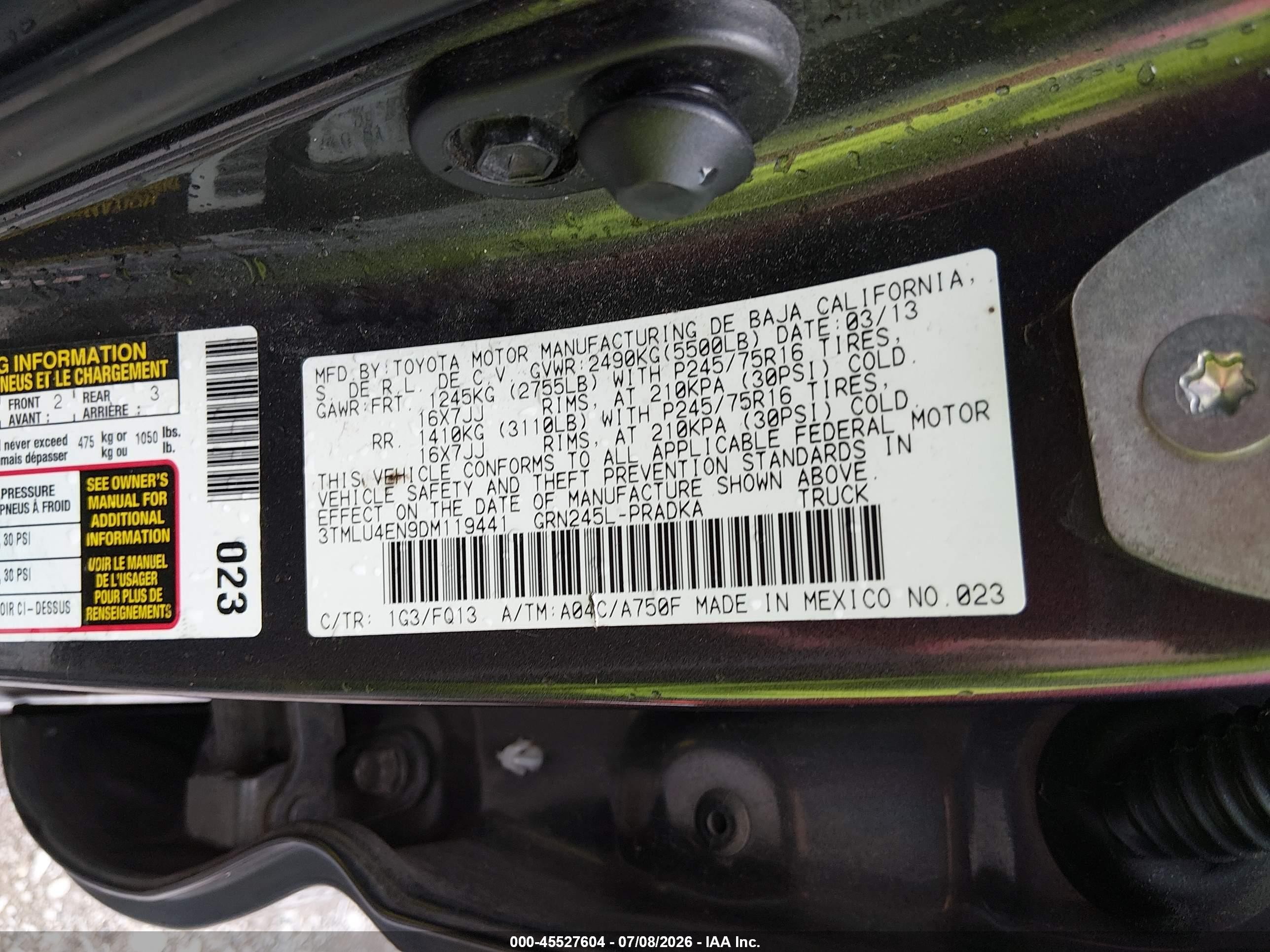 2013 Toyota Tacoma Base V6 Gray vin: 3TMLU4EN9DM119441