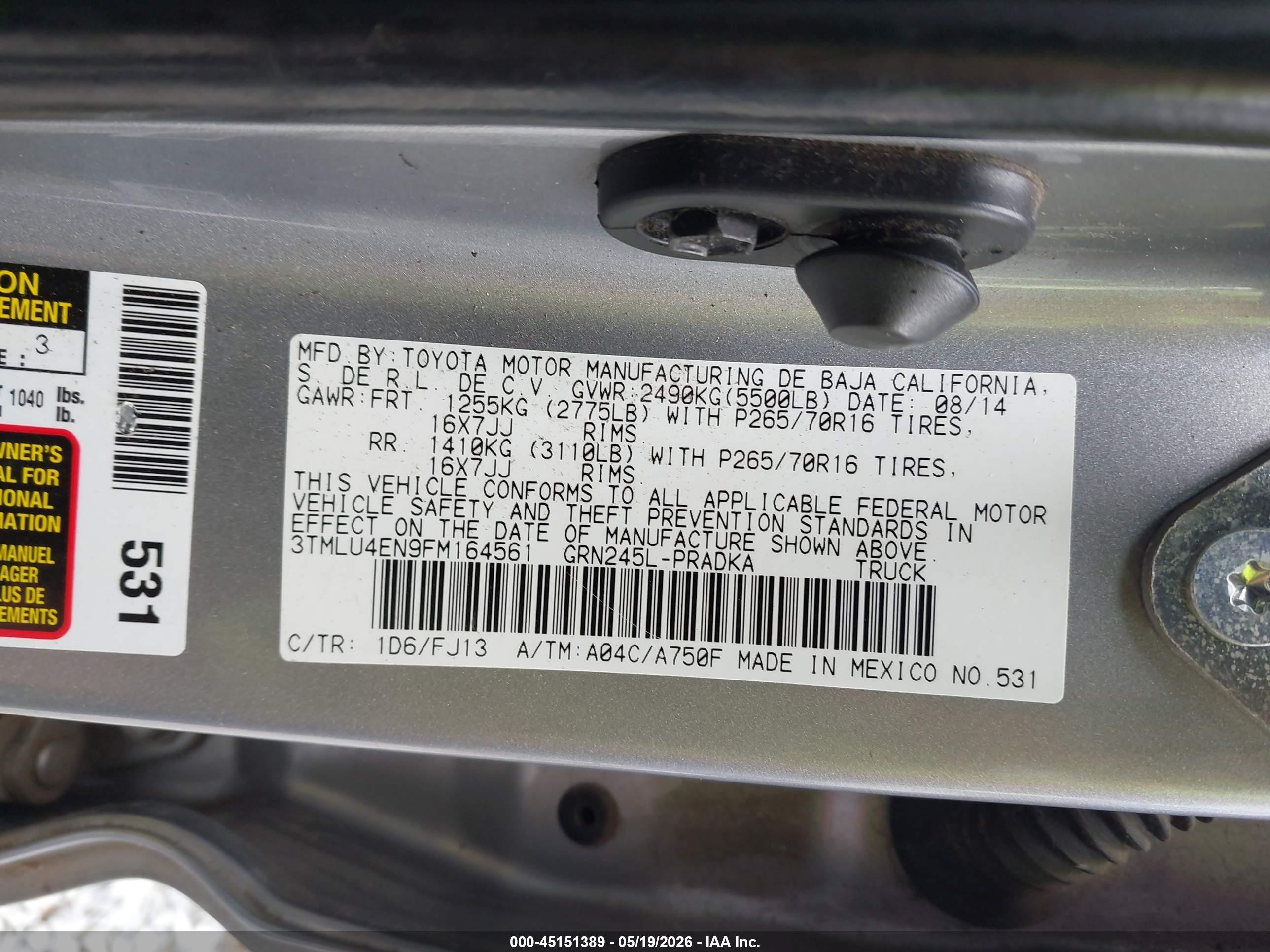2015 Toyota Tacoma Base V6 Gray vin: 3TMLU4EN9FM164561