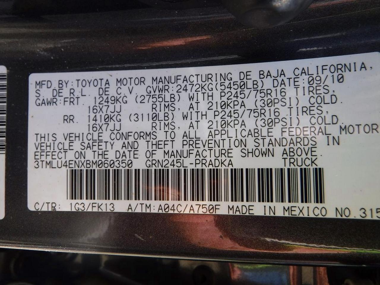 2011 Toyota Tacoma V6 Угольный vin: 3TMLU4ENXBM060350