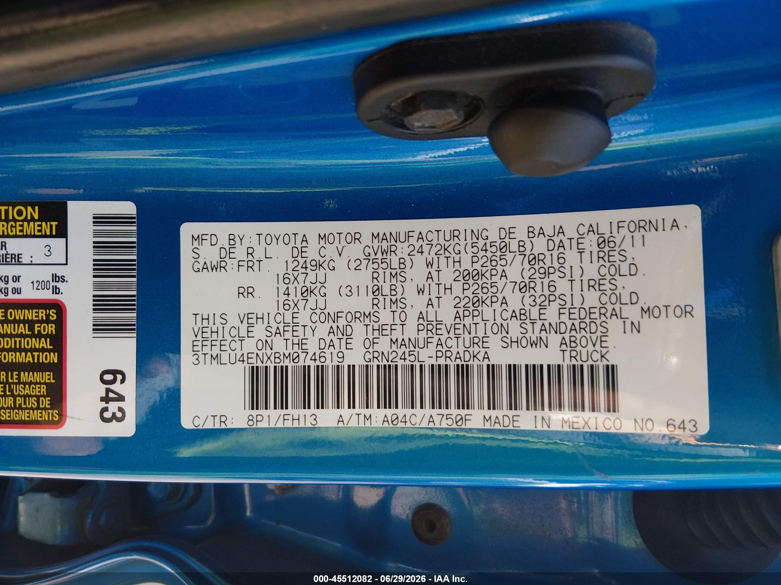 2011 Toyota Tacoma Base V6 Blue vin: 3TMLU4ENXBM074619