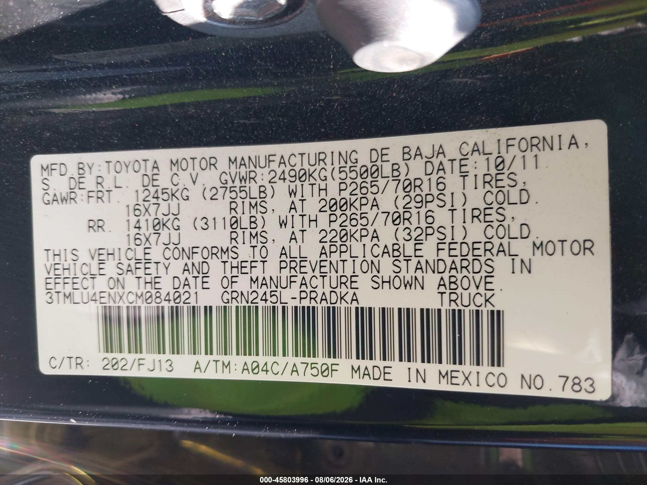 2012 Toyota Tacoma Base V6 Black vin: 3TMLU4ENXCM084021