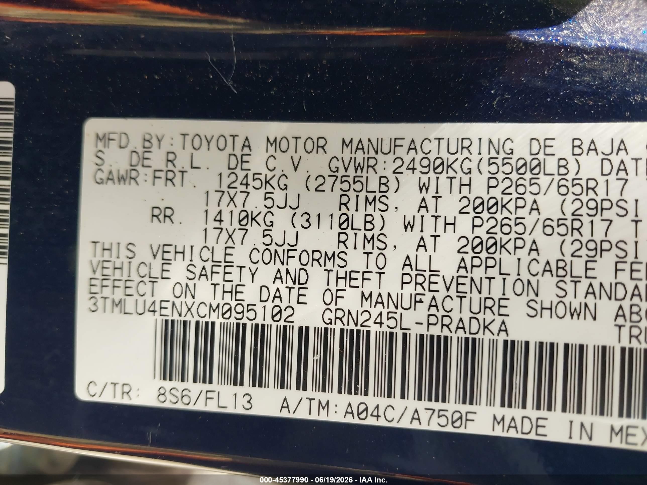 2012 Toyota Tacoma Base V6 Dark Blue vin: 3TMLU4ENXCM095102