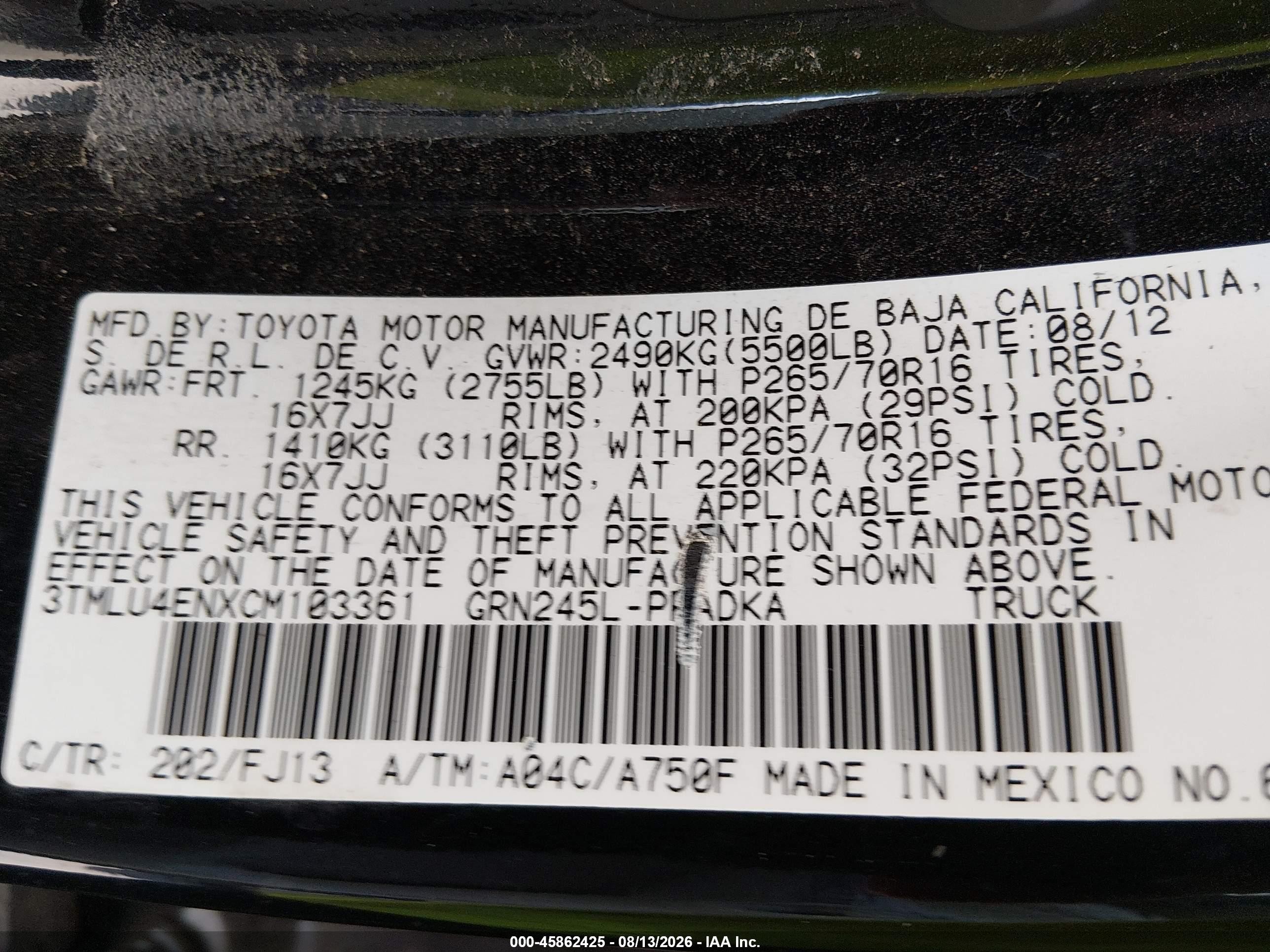 2012 Toyota Tacoma Base V6 Black vin: 3TMLU4ENXCM103361