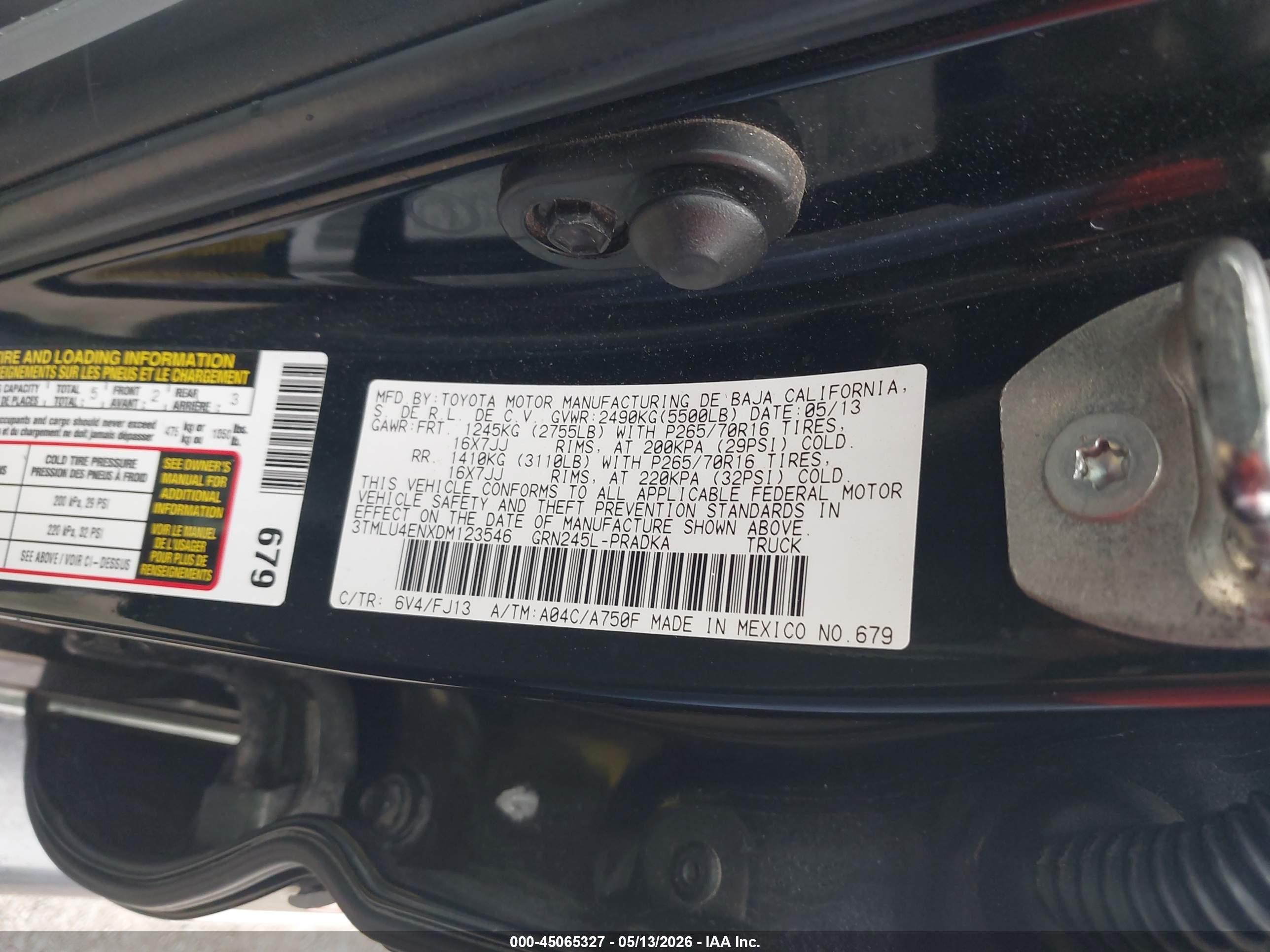 2013 Toyota Tacoma Base V6 Black vin: 3TMLU4ENXDM123546