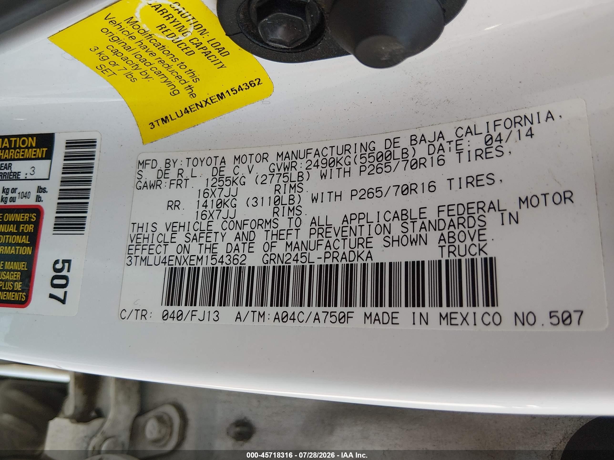 2014 Toyota Tacoma Base V6 White vin: 3TMLU4ENXEM154362
