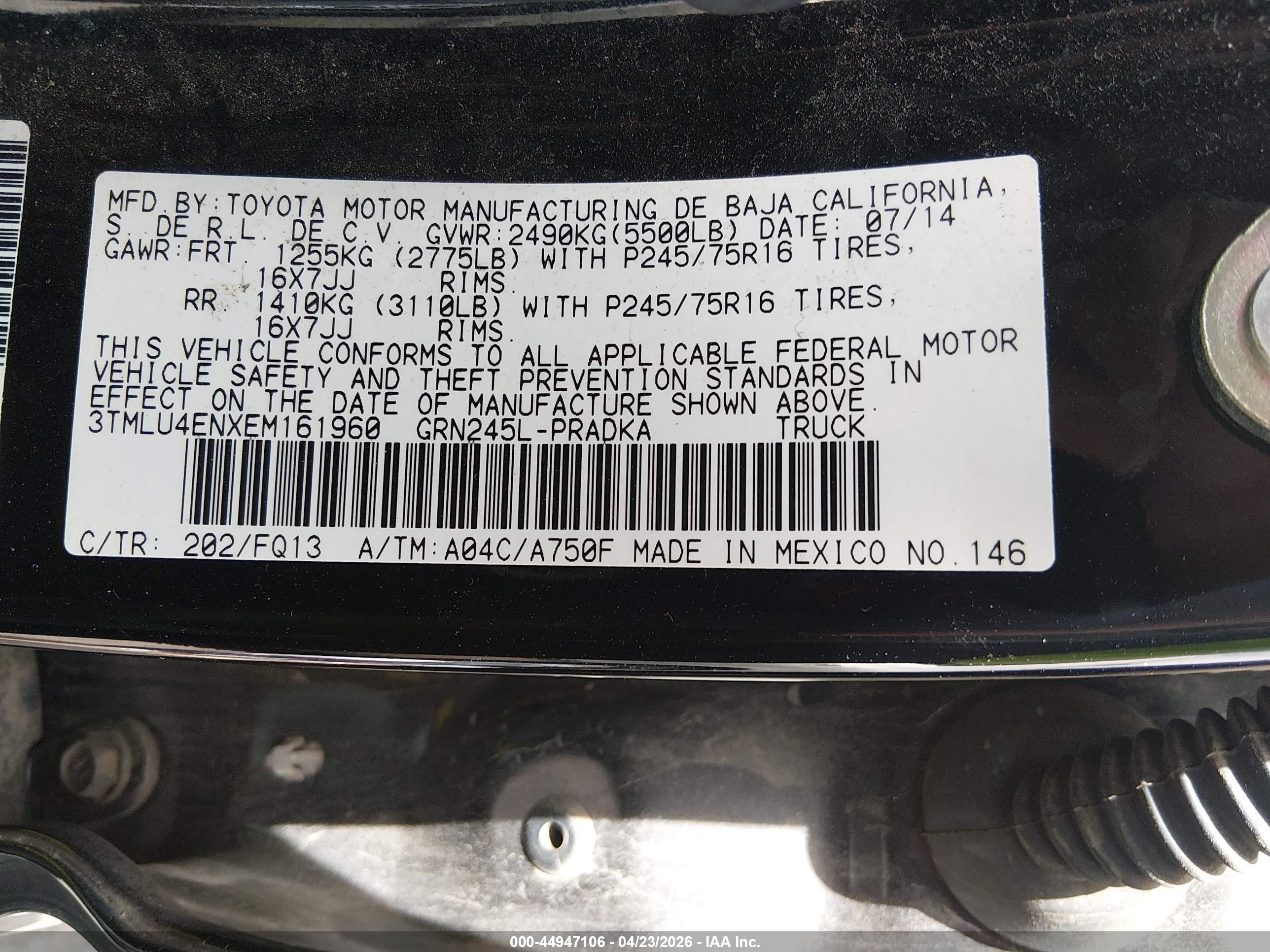 2014 Toyota Tacoma Base V6 Black vin: 3TMLU4ENXEM161960