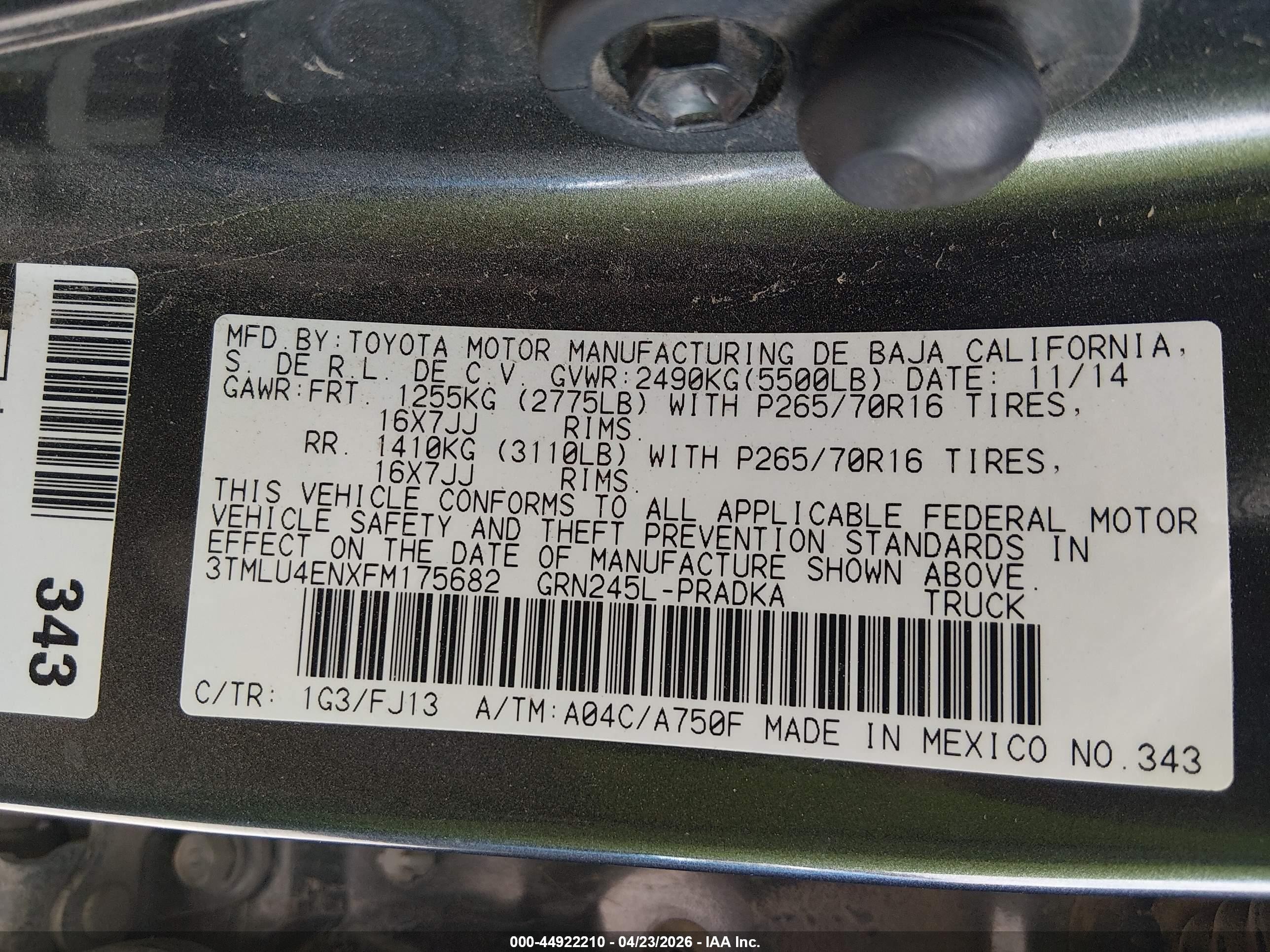 2015 Toyota Tacoma Base V6 Черный vin: 3TMLU4ENXFM175682