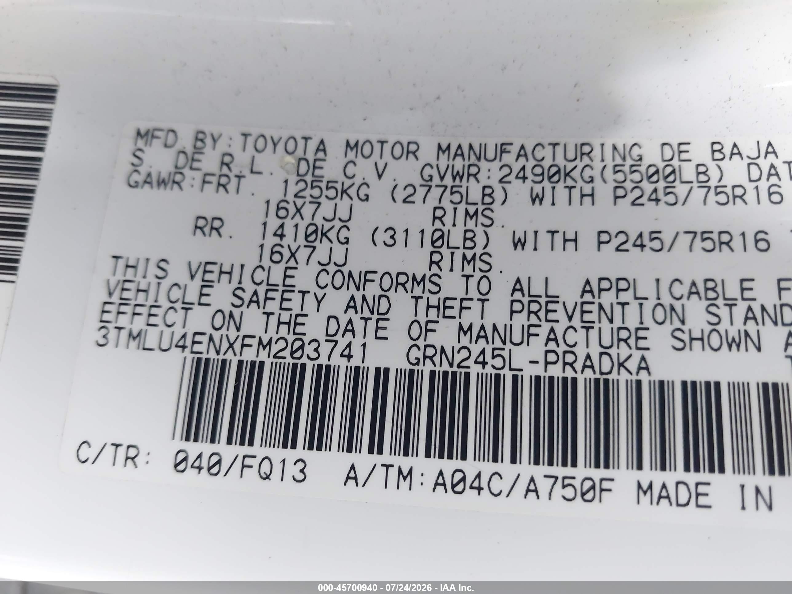 2015 Toyota Tacoma Base V6 White vin: 3TMLU4ENXFM203741