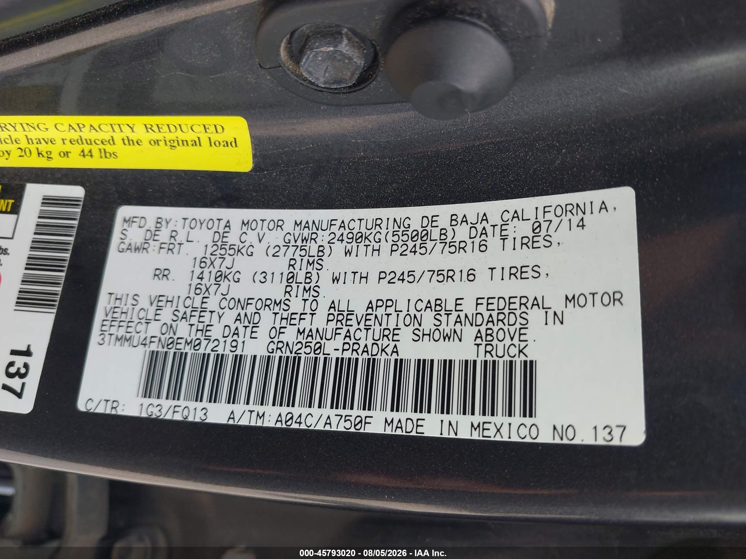 2014 Toyota Tacoma Base V6 Gray vin: 3TMMU4FN0EM072191