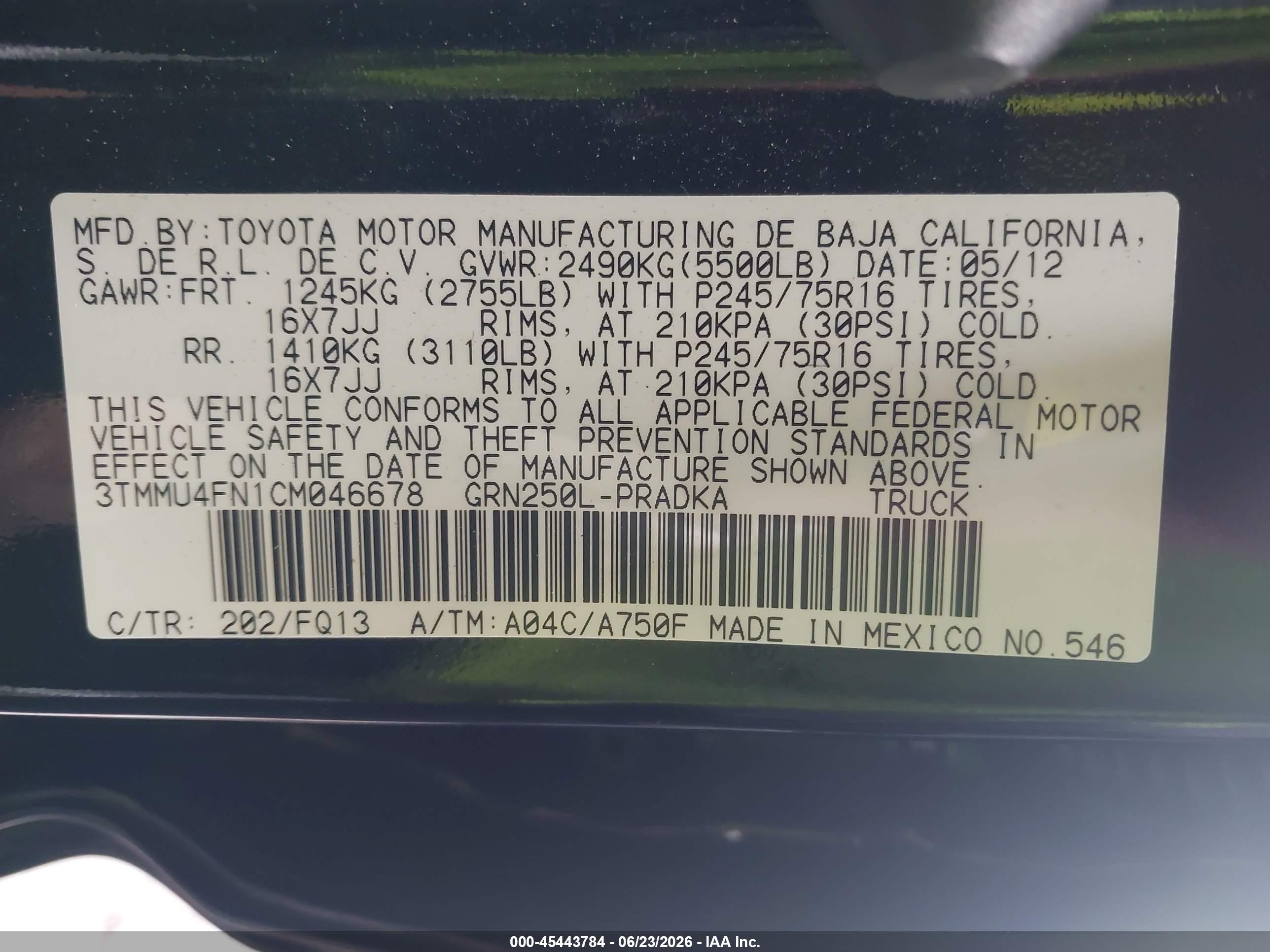 2012 Toyota Tacoma Base V6 Black vin: 3TMMU4FN1CM046678
