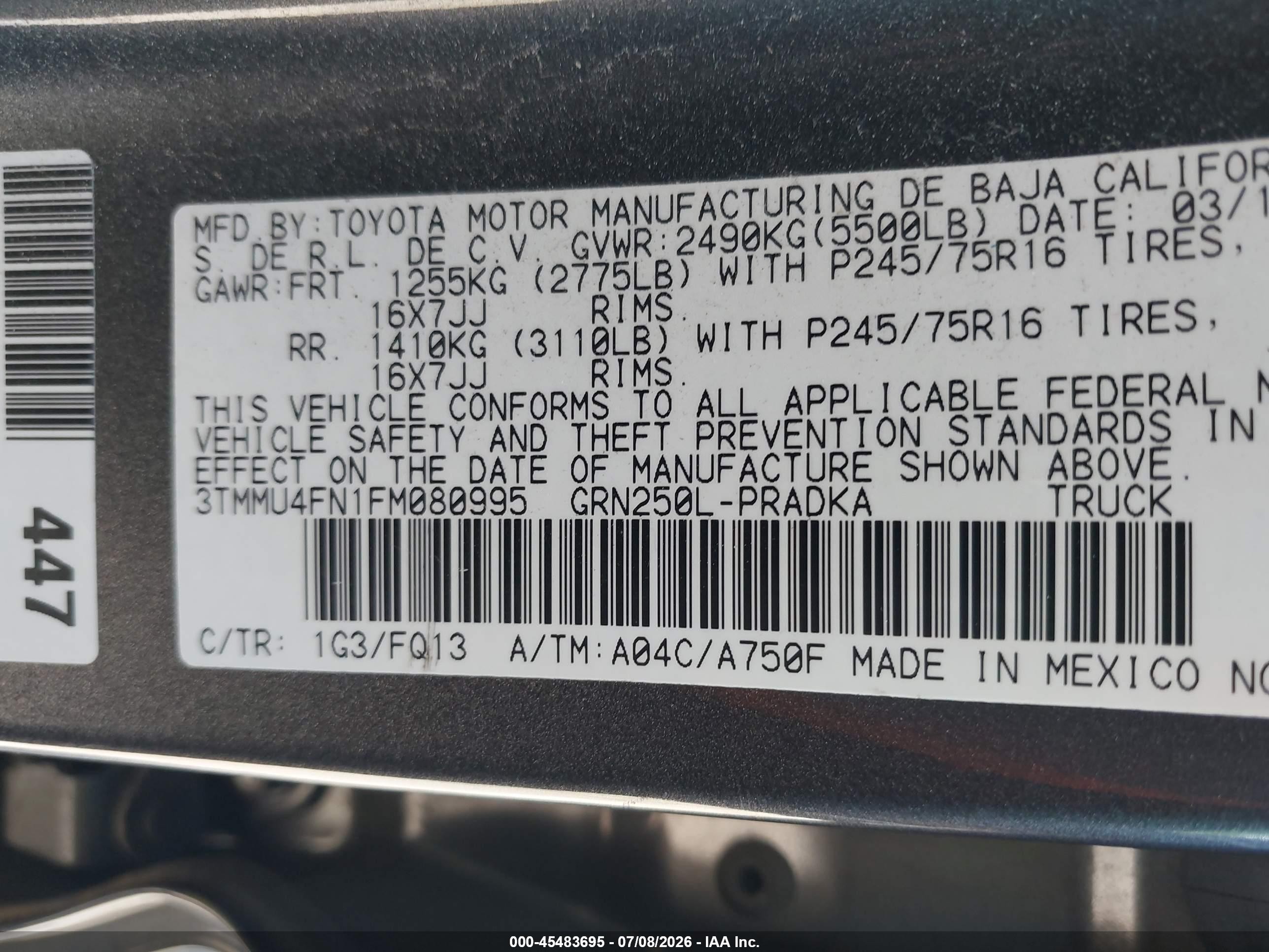2015 Toyota Tacoma Base V6 Gray vin: 3TMMU4FN1FM080995