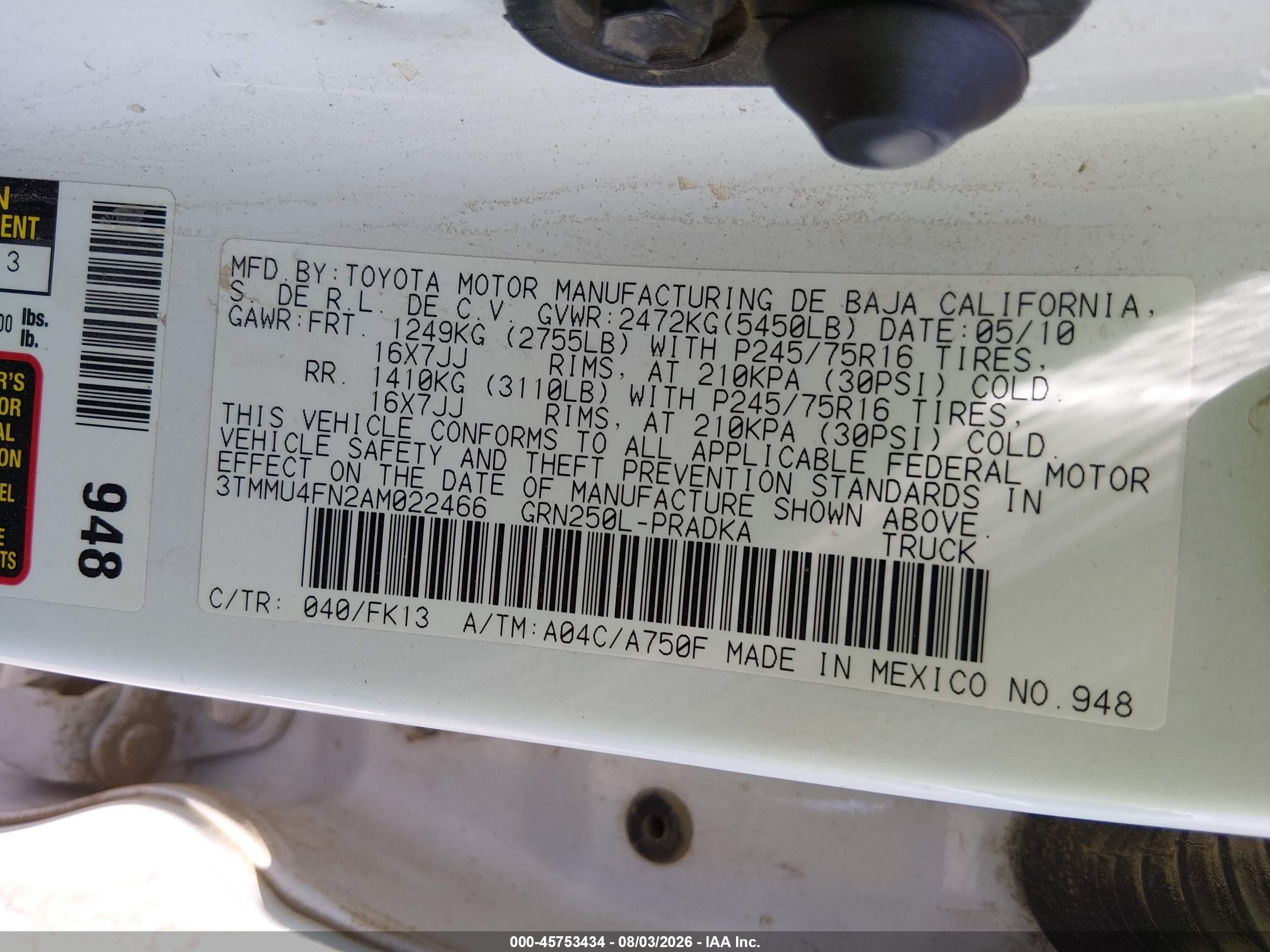 2010 Toyota Tacoma Base V6 White vin: 3TMMU4FN2AM022466