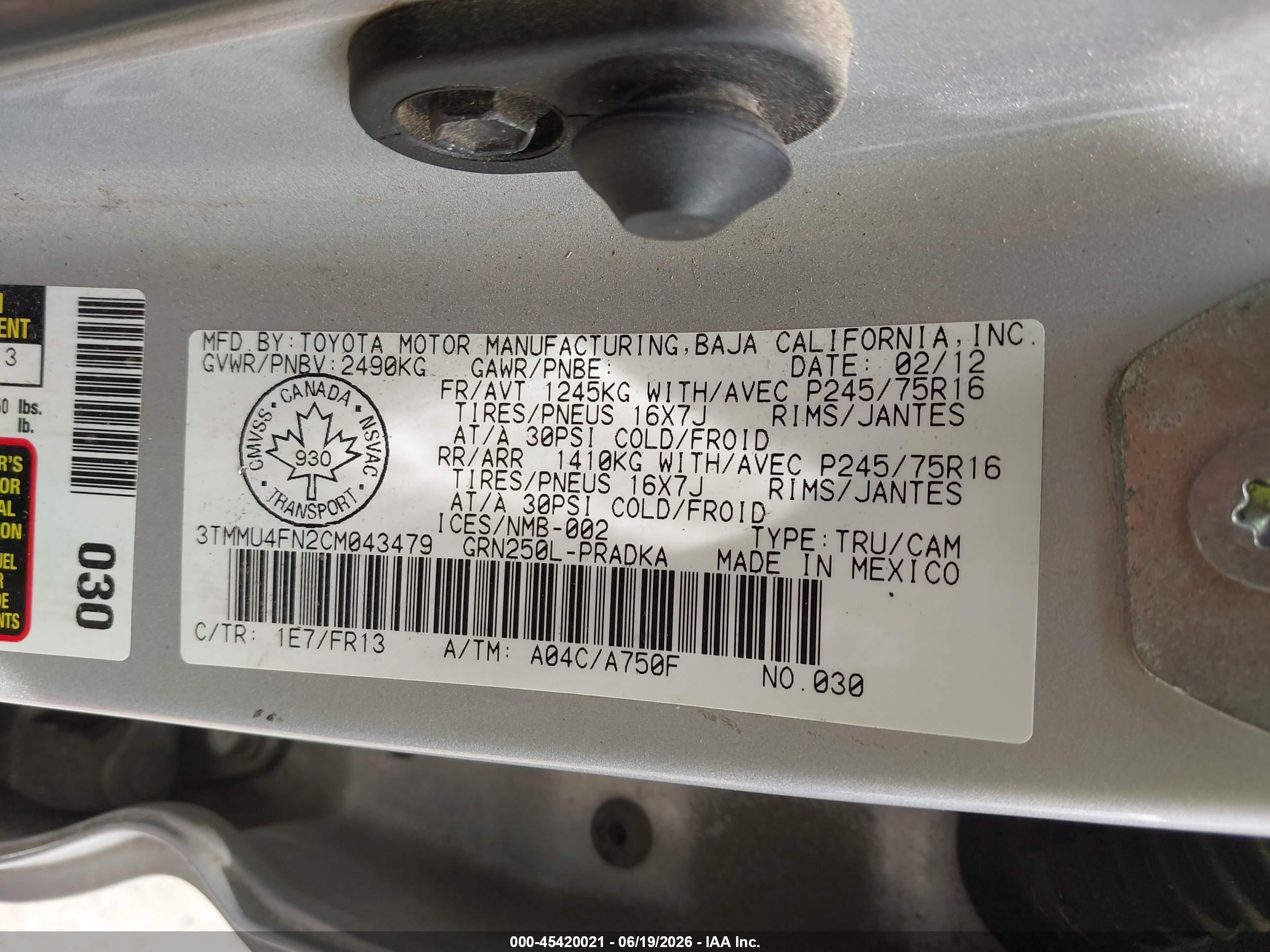 2012 Toyota Tacoma V6 Серый vin: 3TMMU4FN2CM043479