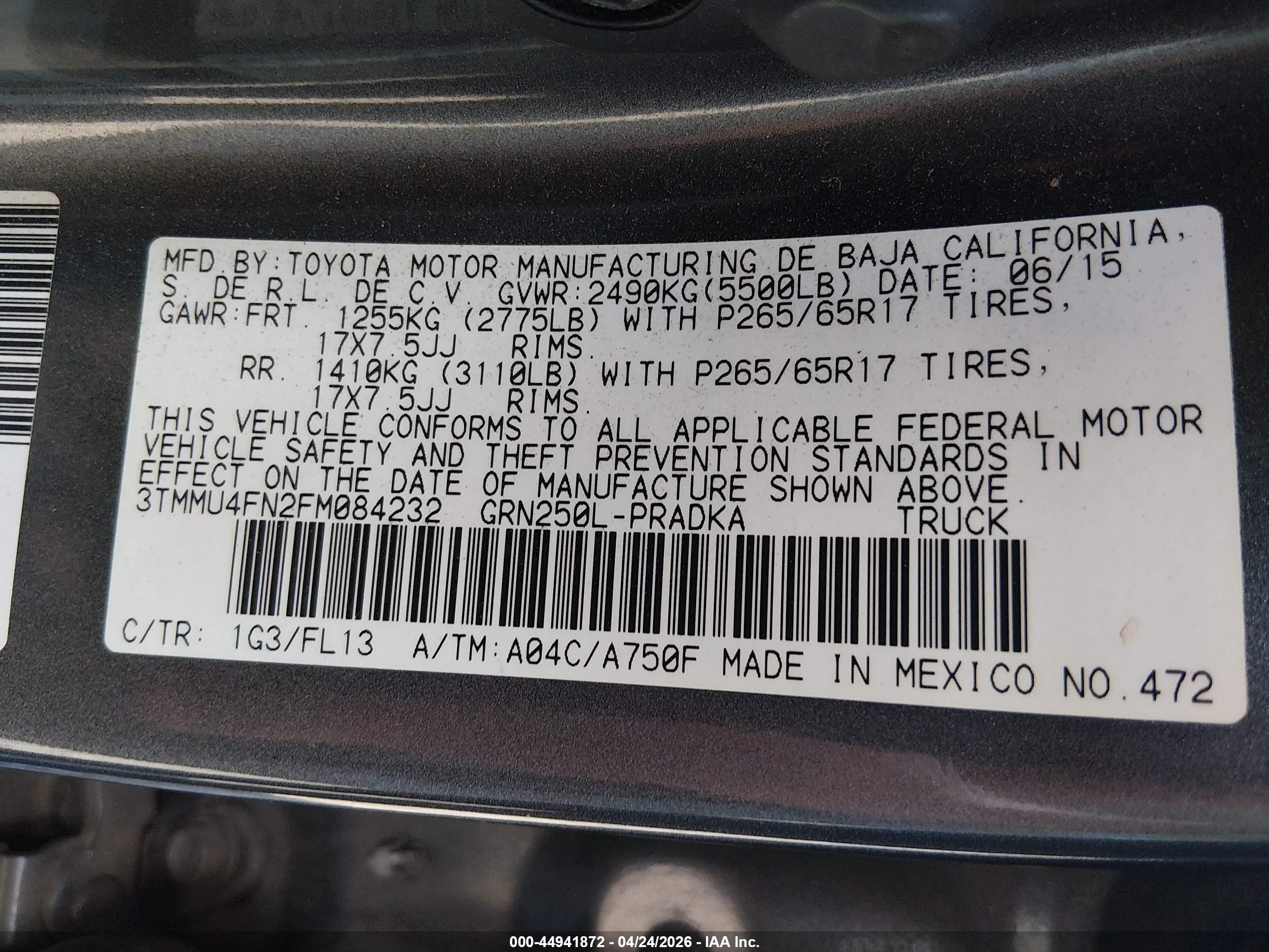 2015 Toyota Tacoma Base V6 Gray vin: 3TMMU4FN2FM084232