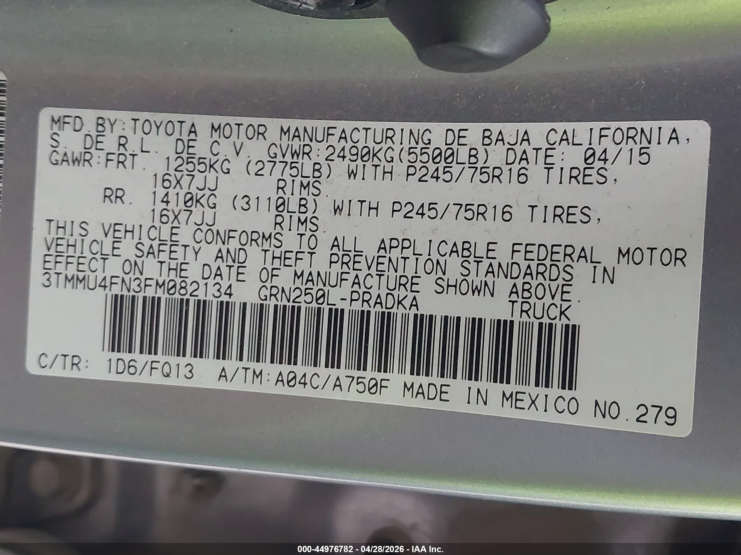 2015 Toyota Tacoma Base V6 Silver vin: 3TMMU4FN3FM082134