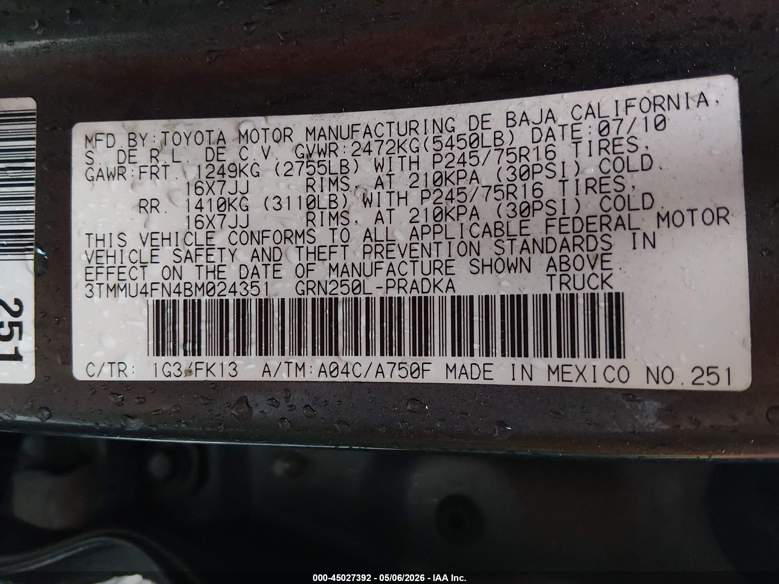 2011 Toyota Tacoma Base V6 Pewter vin: 3TMMU4FN4BM024351
