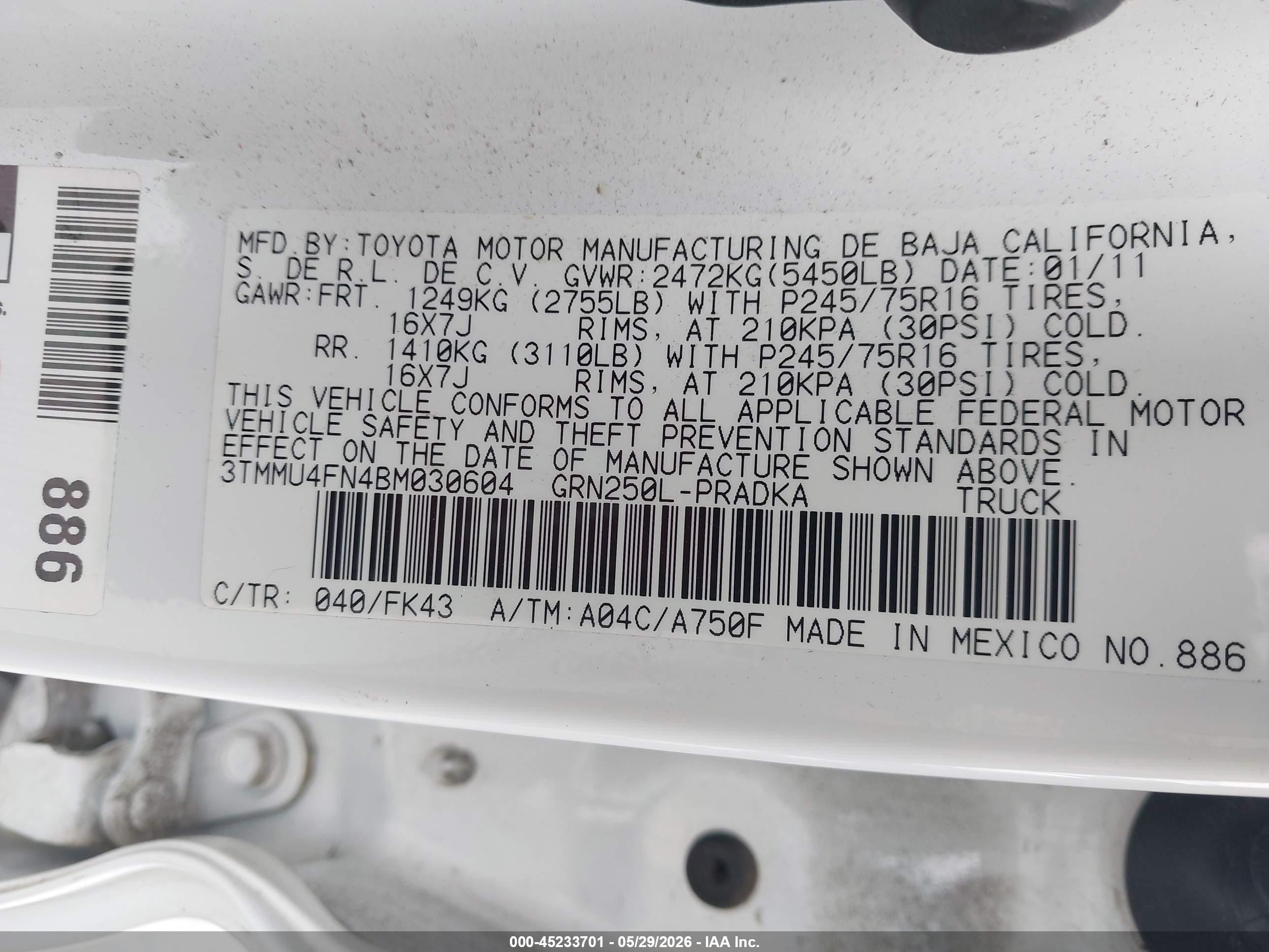 2011 Toyota Tacoma Base V6 White vin: 3TMMU4FN4BM030604