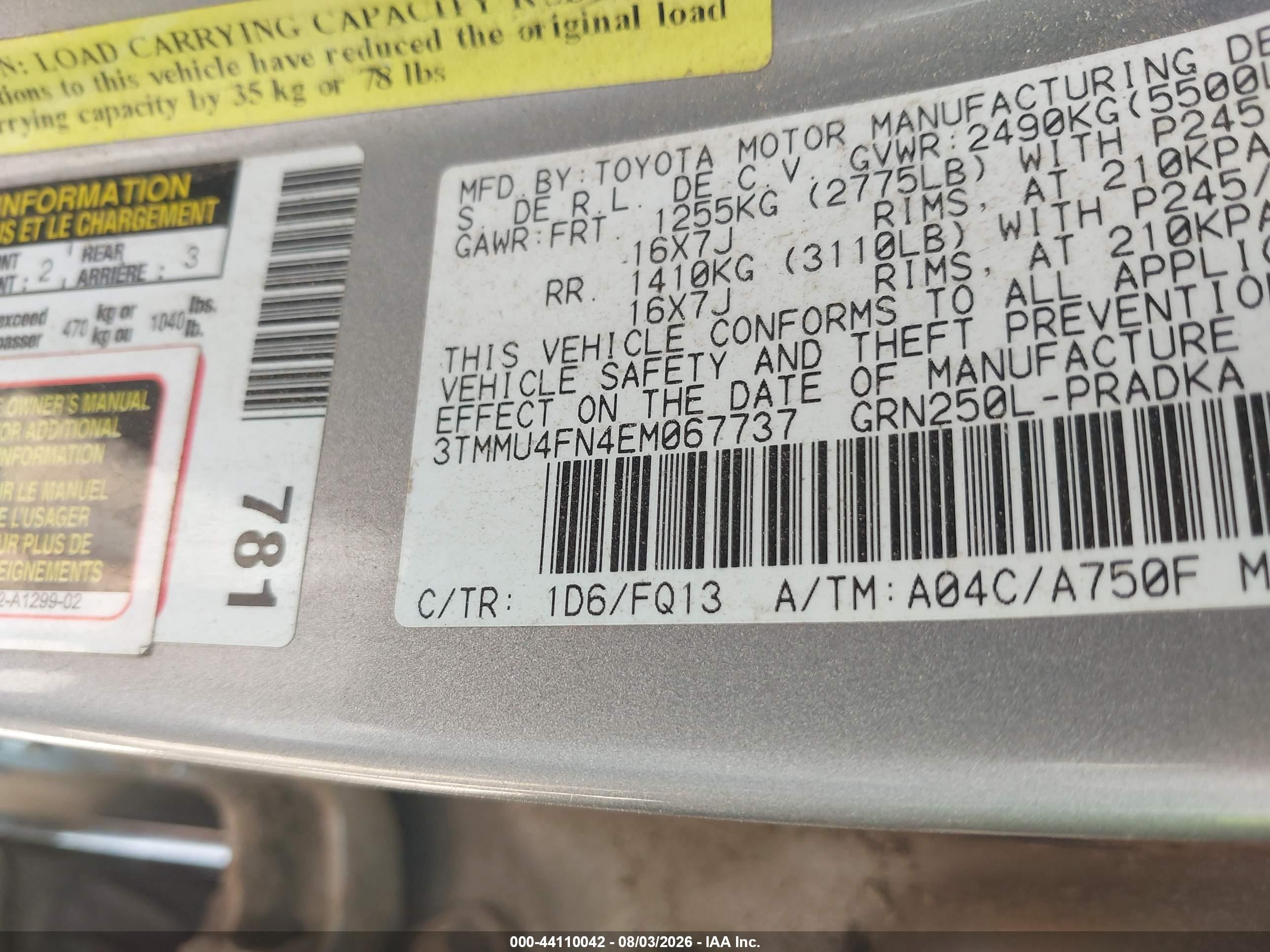 2014 Toyota Tacoma Base V6 Silver vin: 3TMMU4FN4EM067737