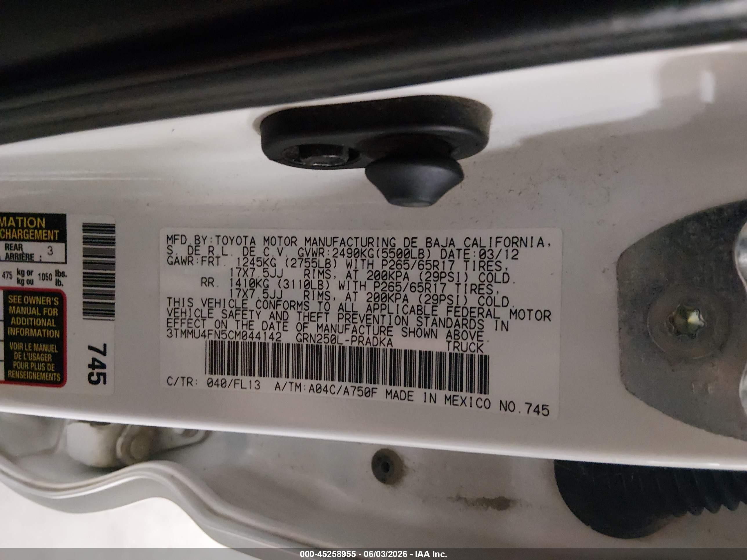2012 Toyota Tacoma Base V6 White vin: 3TMMU4FN5CM044142
