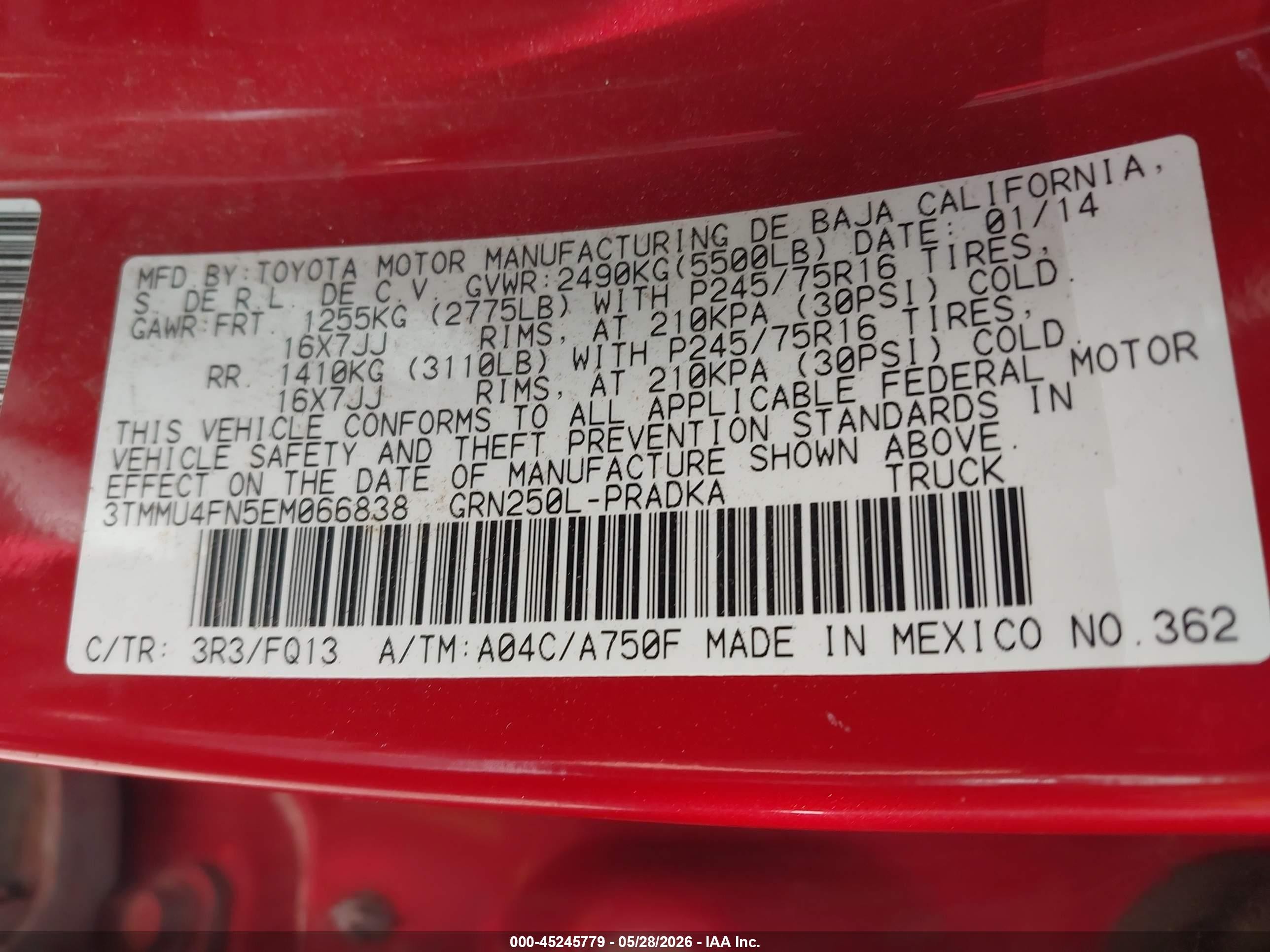 2014 Toyota Tacoma Base V6 Red vin: 3TMMU4FN5EM066838