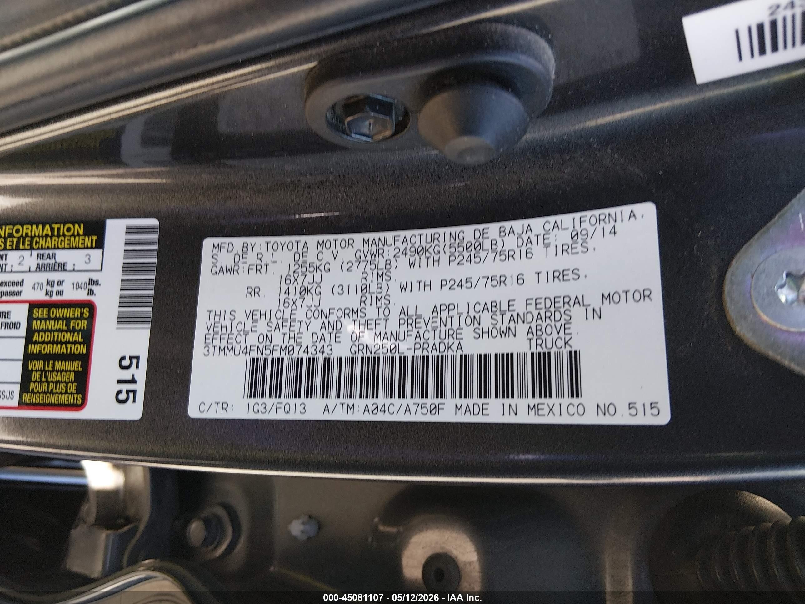 2015 Toyota Tacoma Base V6 Gray vin: 3TMMU4FN5FM074343