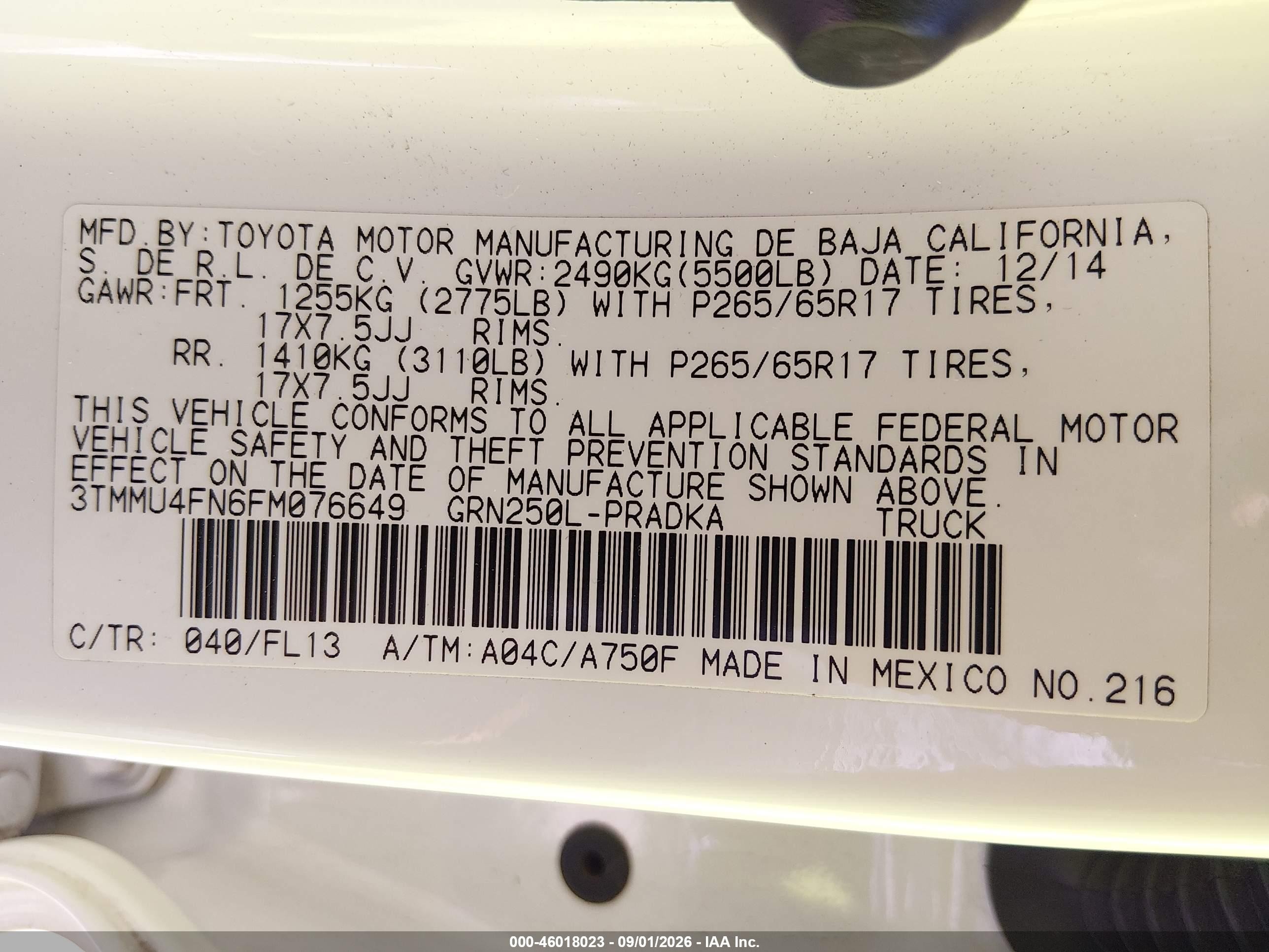 2015 Toyota Tacoma Base V6 White vin: 3TMMU4FN6FM076649