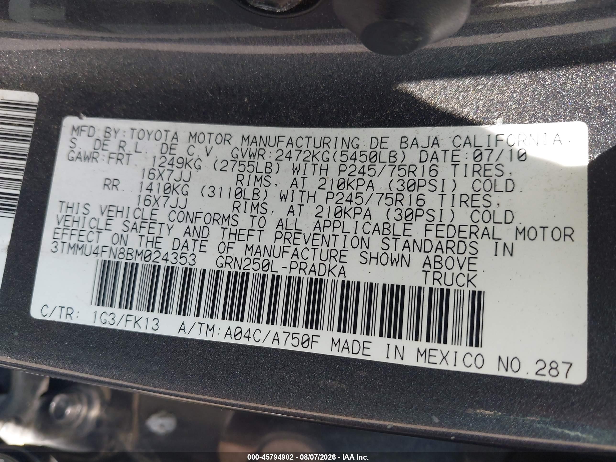 2011 Toyota Tacoma Base V6 Gray vin: 3TMMU4FN8BM024353