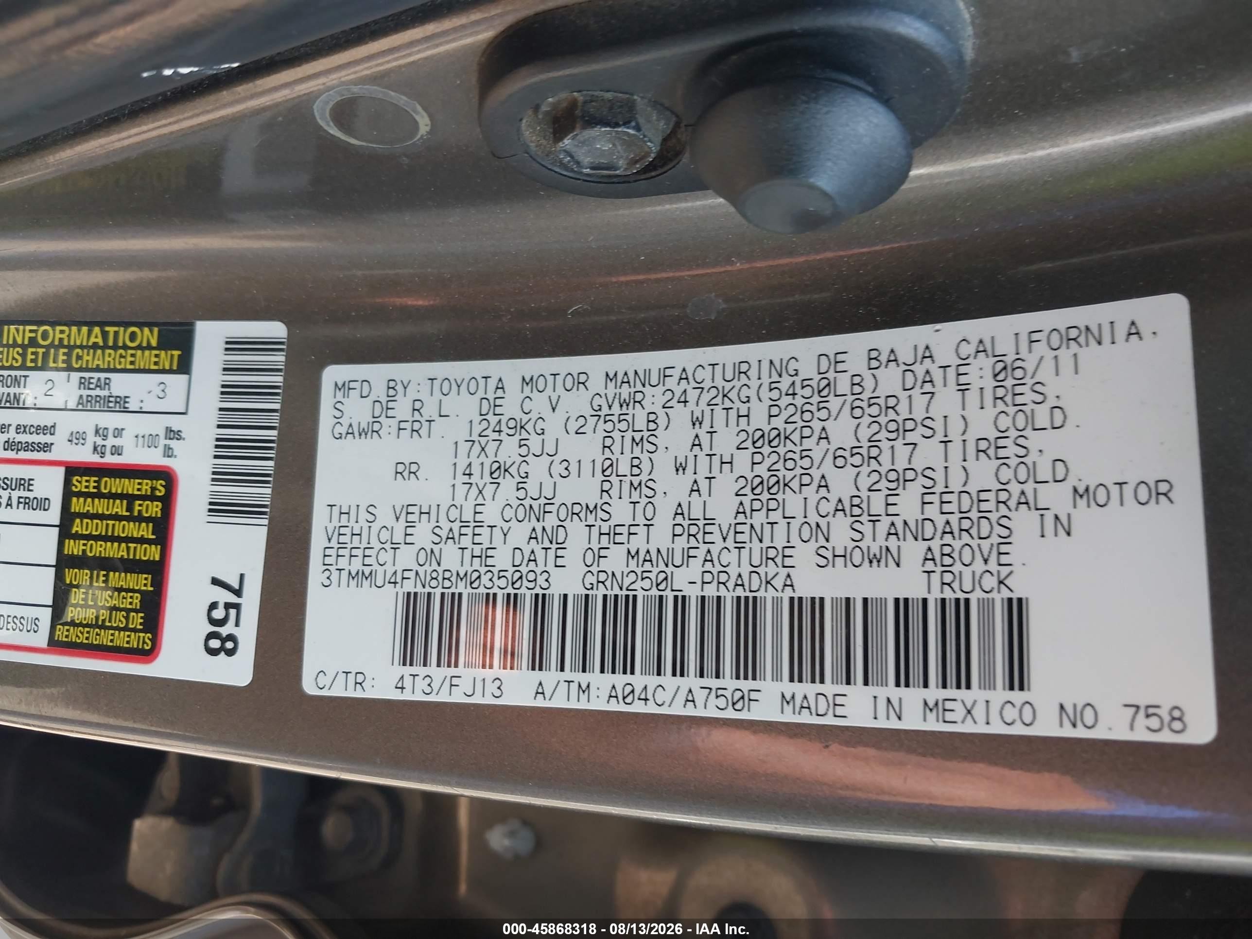 2011 Toyota Tacoma Base V6 Gold vin: 3TMMU4FN8BM035093