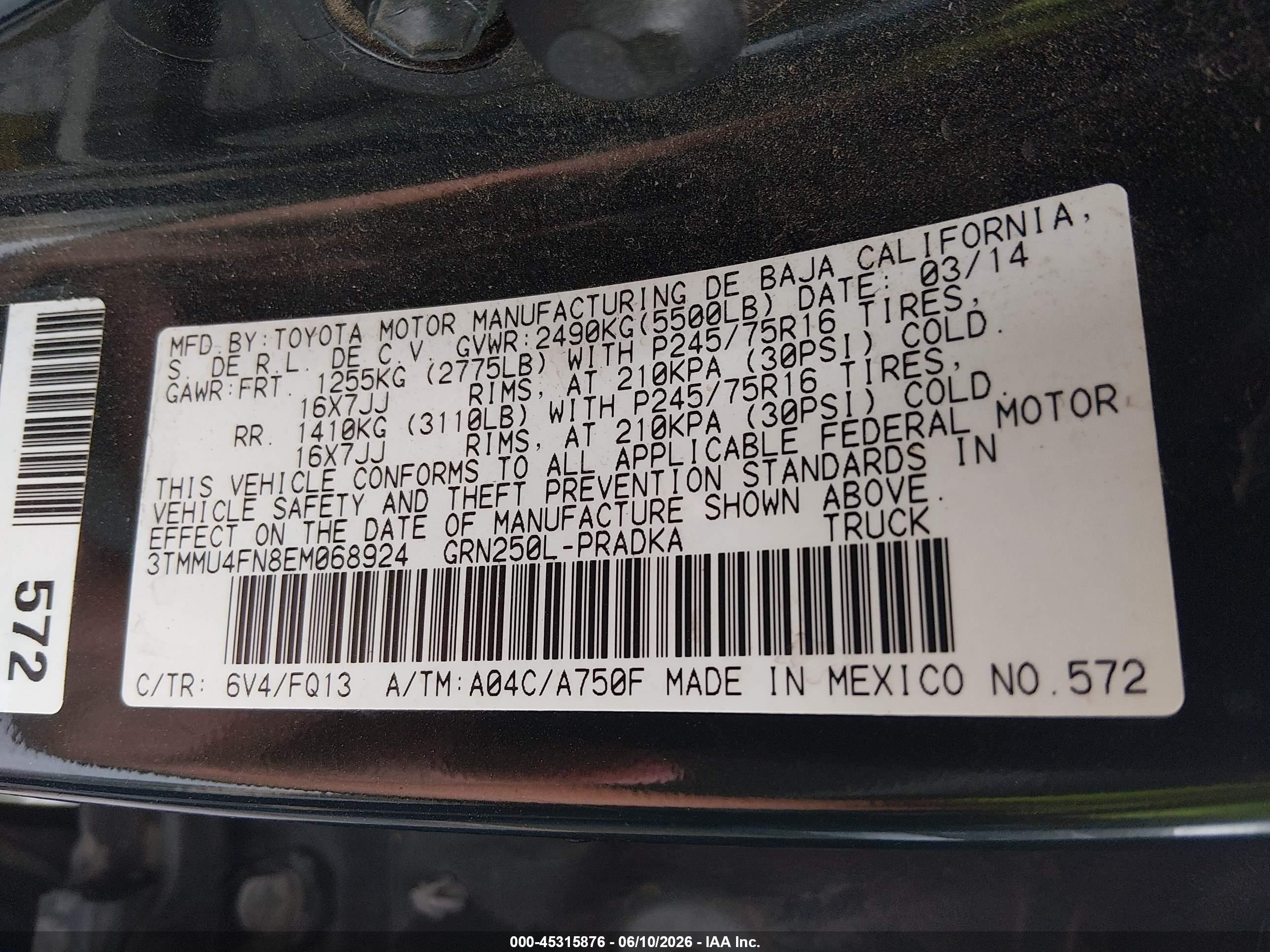 2014 Toyota Tacoma Base V6 Green vin: 3TMMU4FN8EM068924