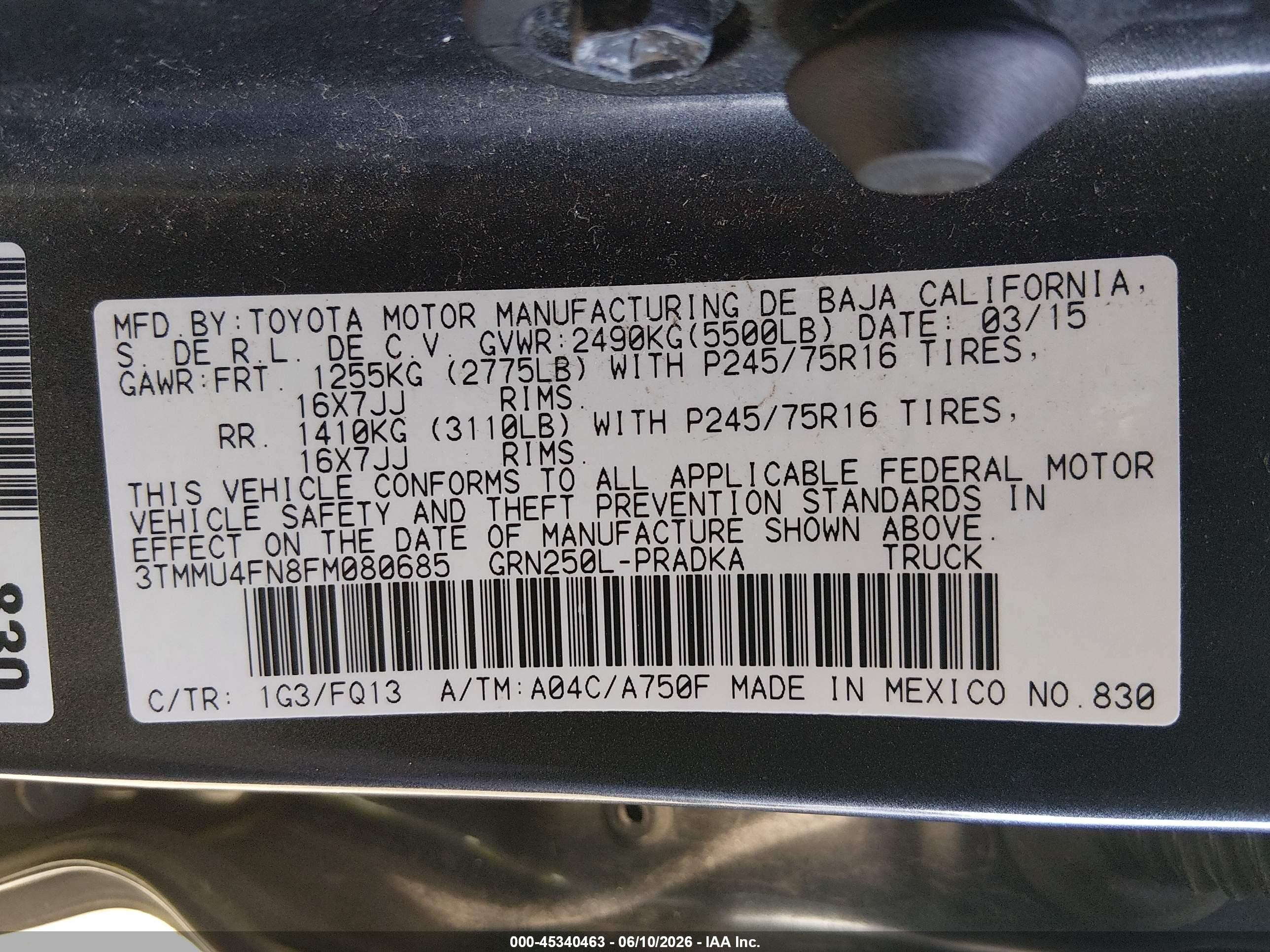 2015 Toyota Tacoma Base V6 Серый vin: 3TMMU4FN8FM080685