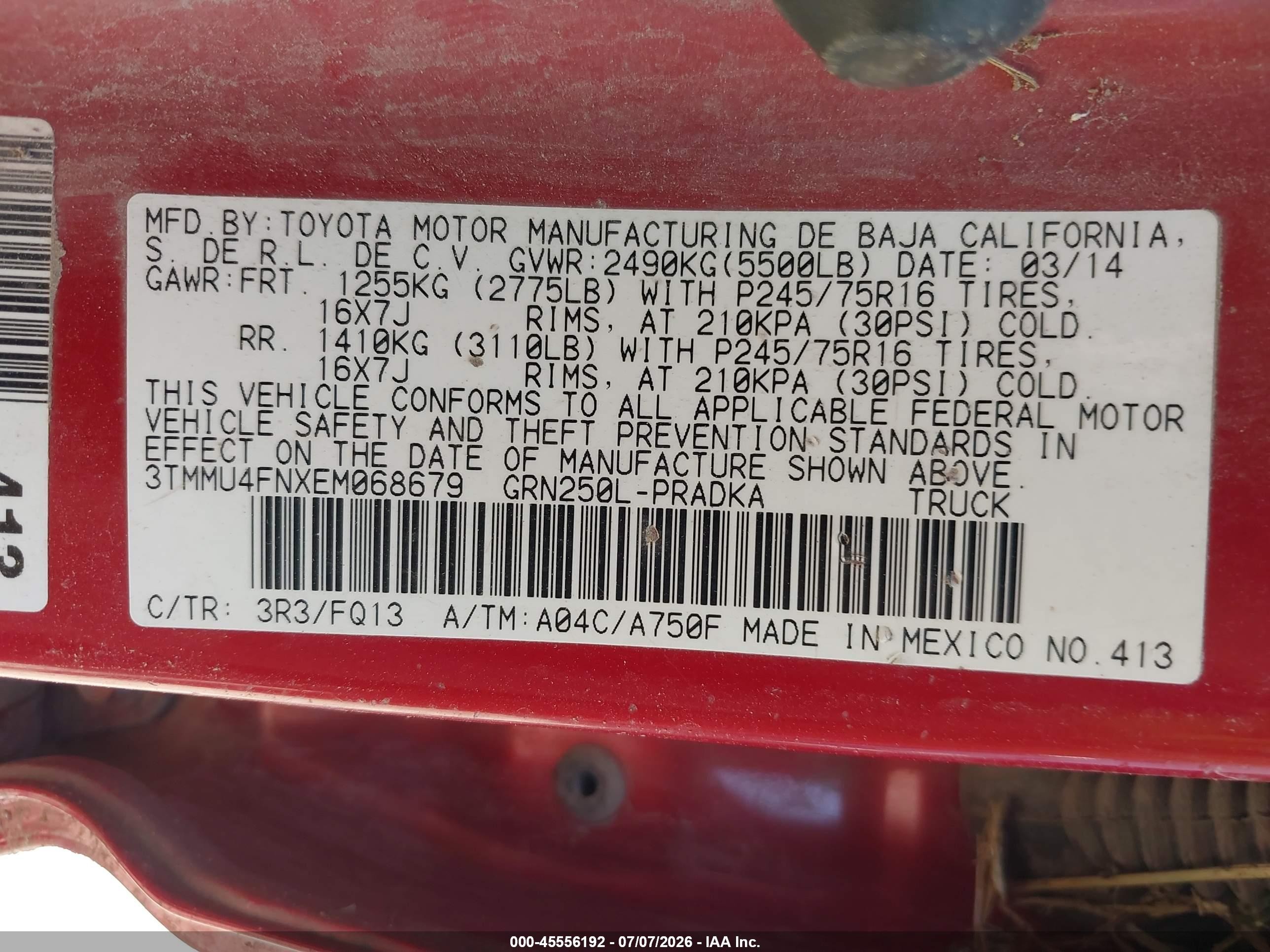 2014 Toyota Tacoma Base V6 Red vin: 3TMMU4FNXEM068679