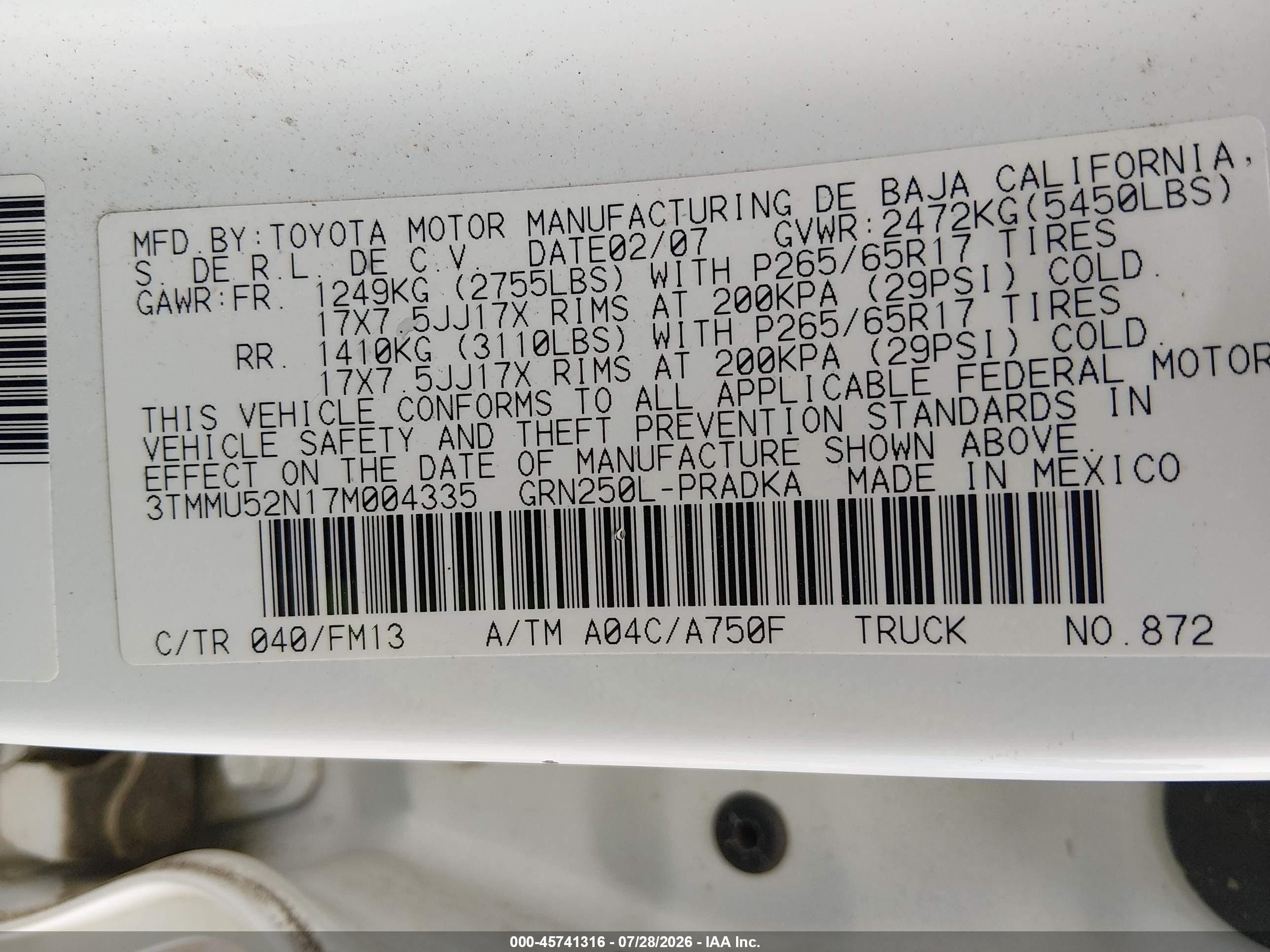 2007 Toyota Tacoma Base V6 White vin: 3TMMU52N17M004335