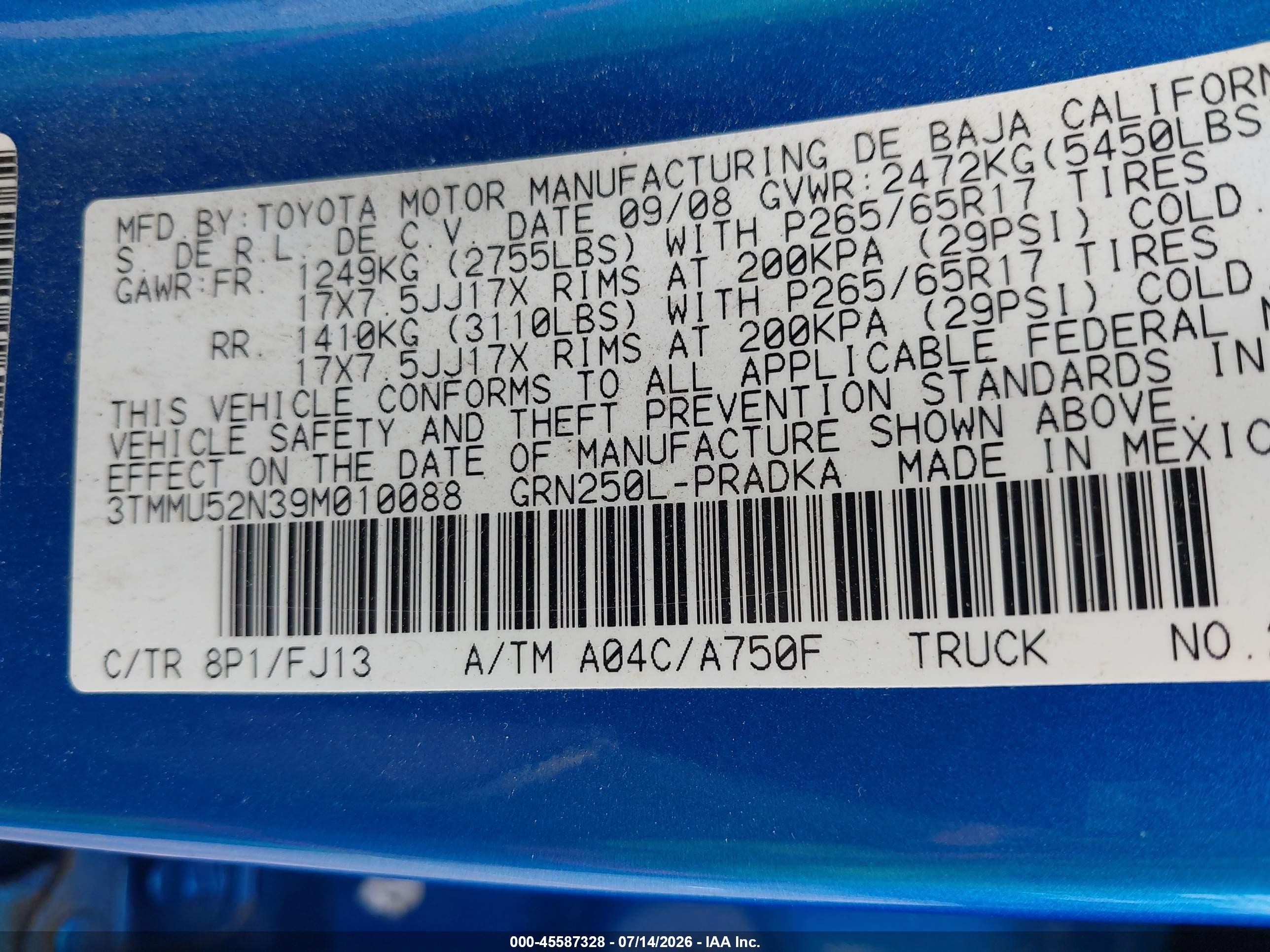 2009 Toyota Tacoma Base V6 Light Blue vin: 3TMMU52N39M010088