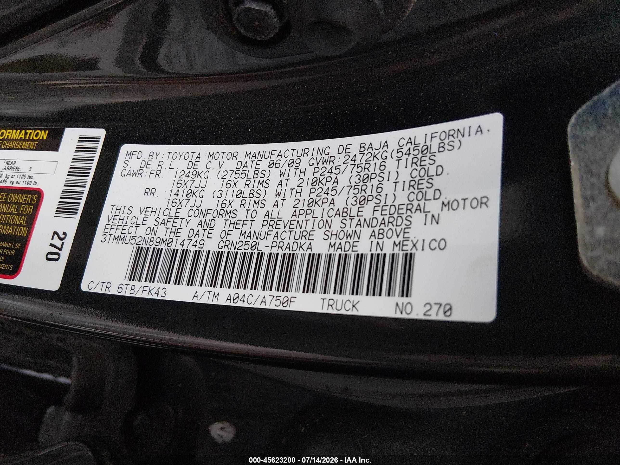 2009 Toyota Tacoma Base V6 Green vin: 3TMMU52N89M014749