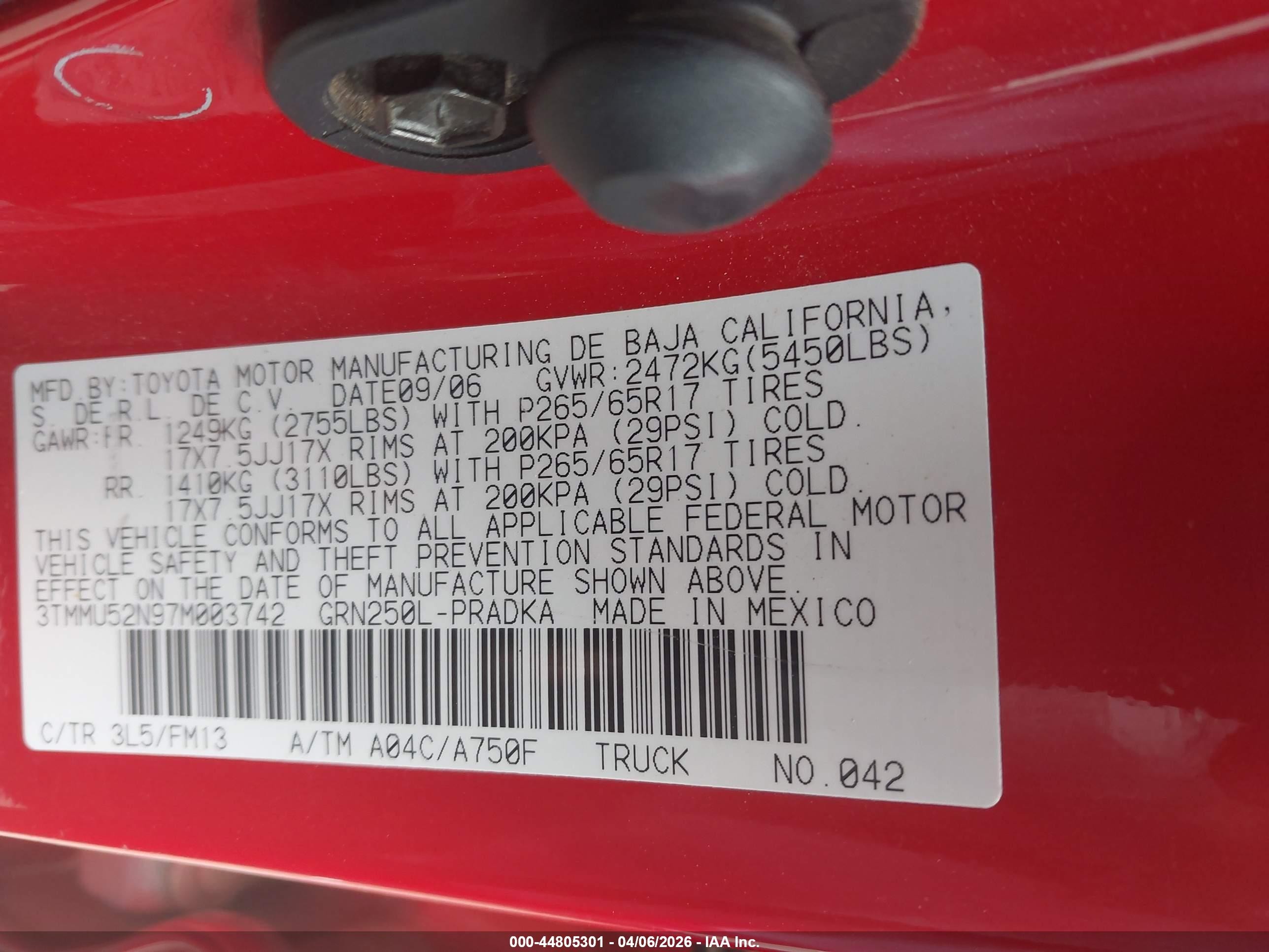 2007 Toyota Tacoma Base V6 Red vin: 3TMMU52N97M003742