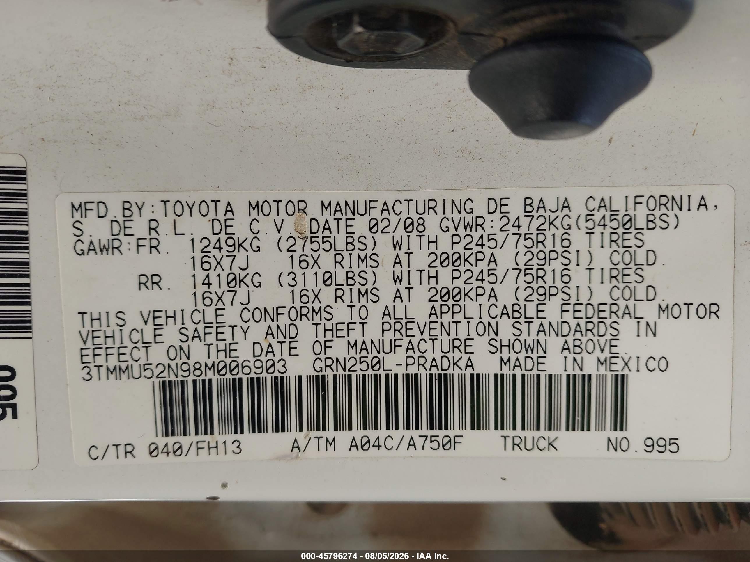 2008 Toyota Tacoma Base V6 White vin: 3TMMU52N98M006903