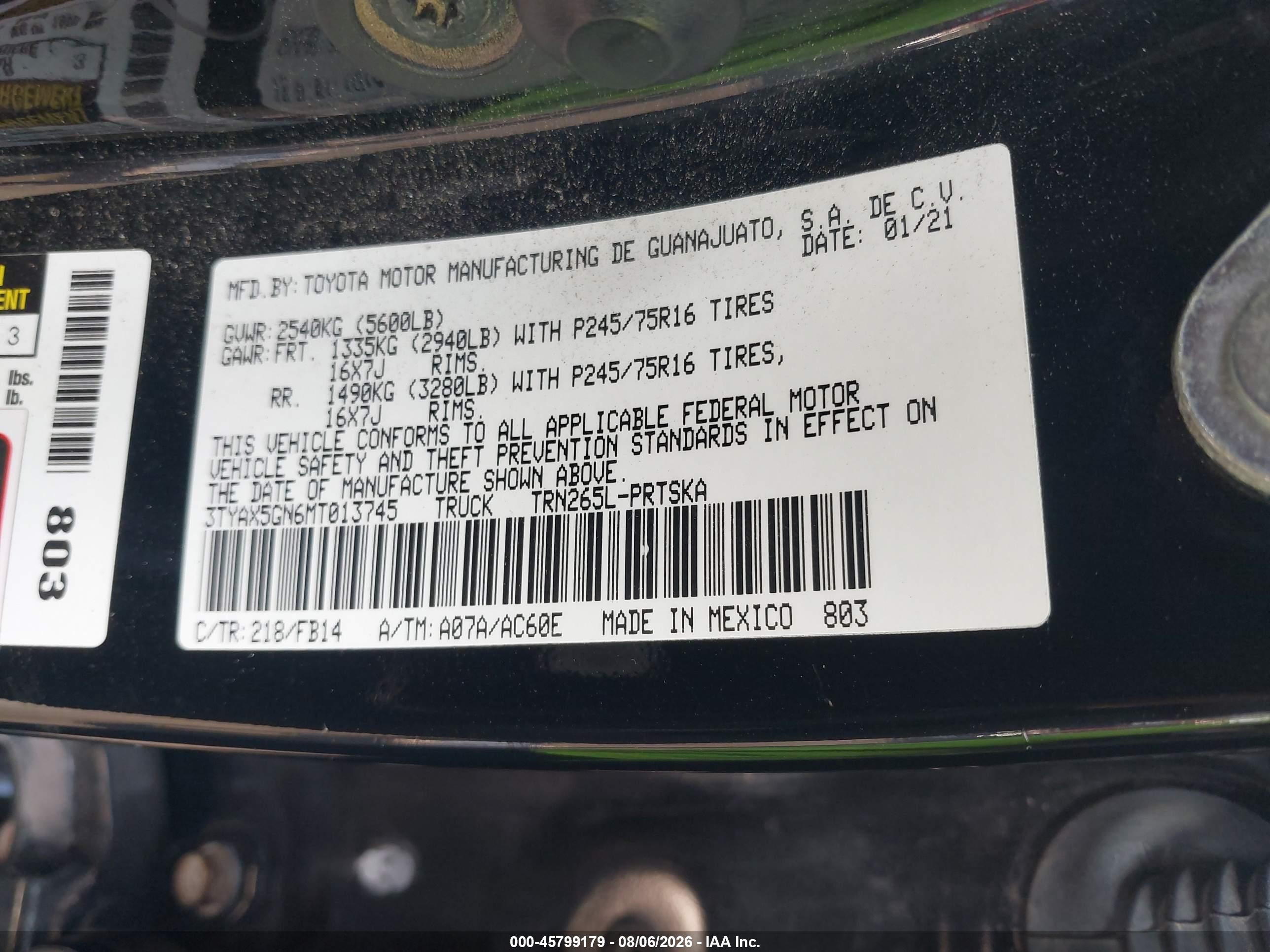 2021 Toyota Tacoma Sr Черный vin: 3TYAX5GN6MT013745