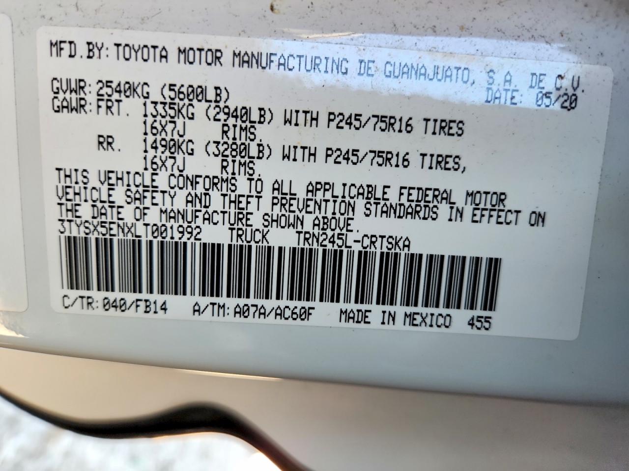2020 Toyota Tacoma Sr White vin: 3TYSX5ENXLT001992
