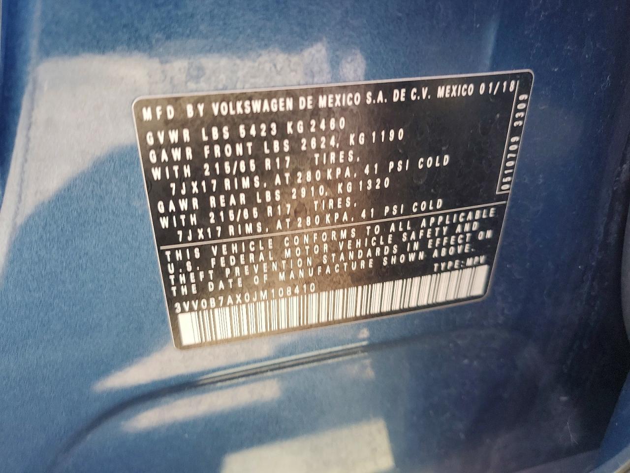 2018 Volkswagen Tiguan S Синий vin: 3VV0B7AX0JM108410