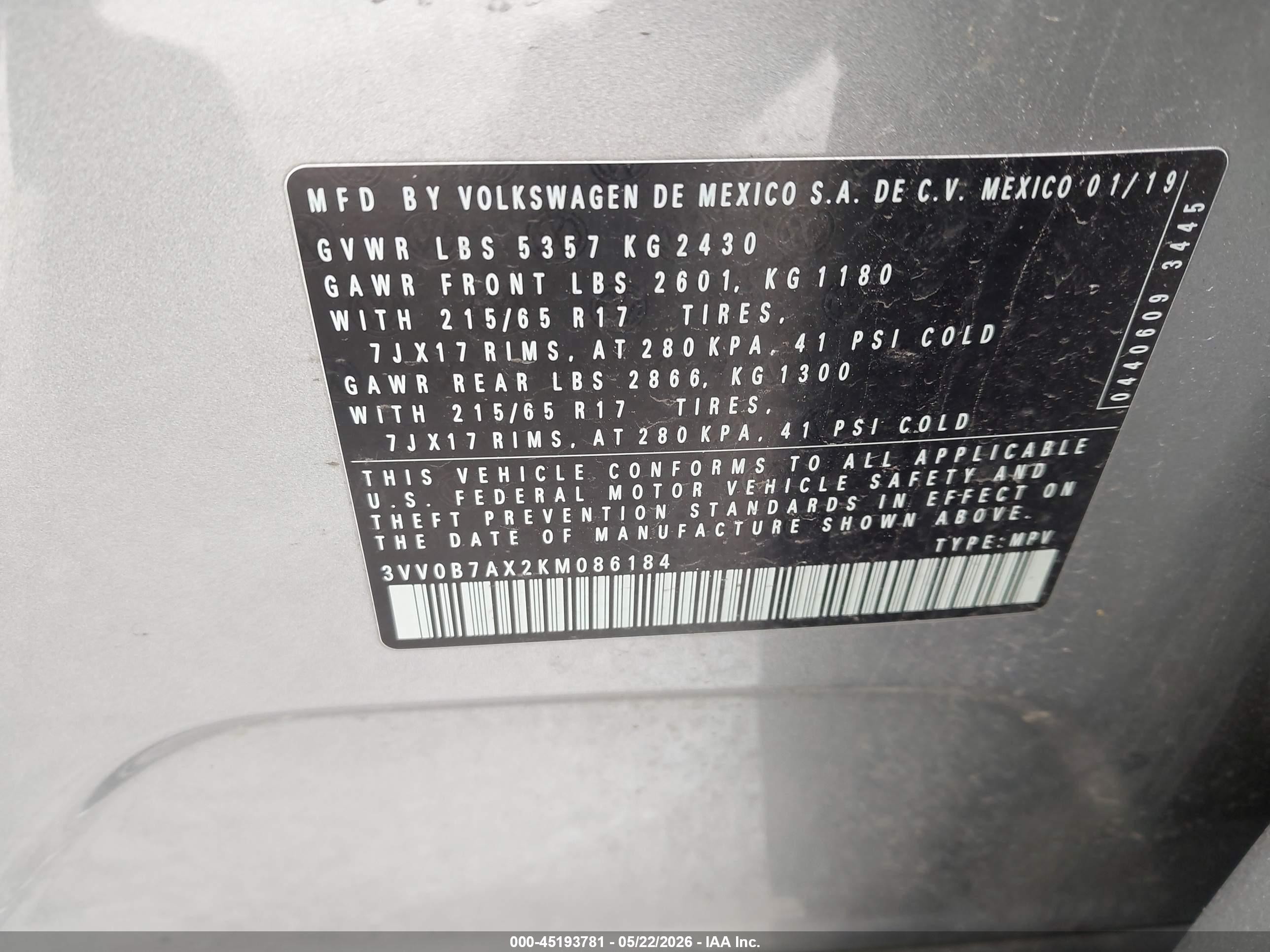 2019 Volkswagen Tiguan 2.0t S Silver vin: 3VV0B7AX2KM086184