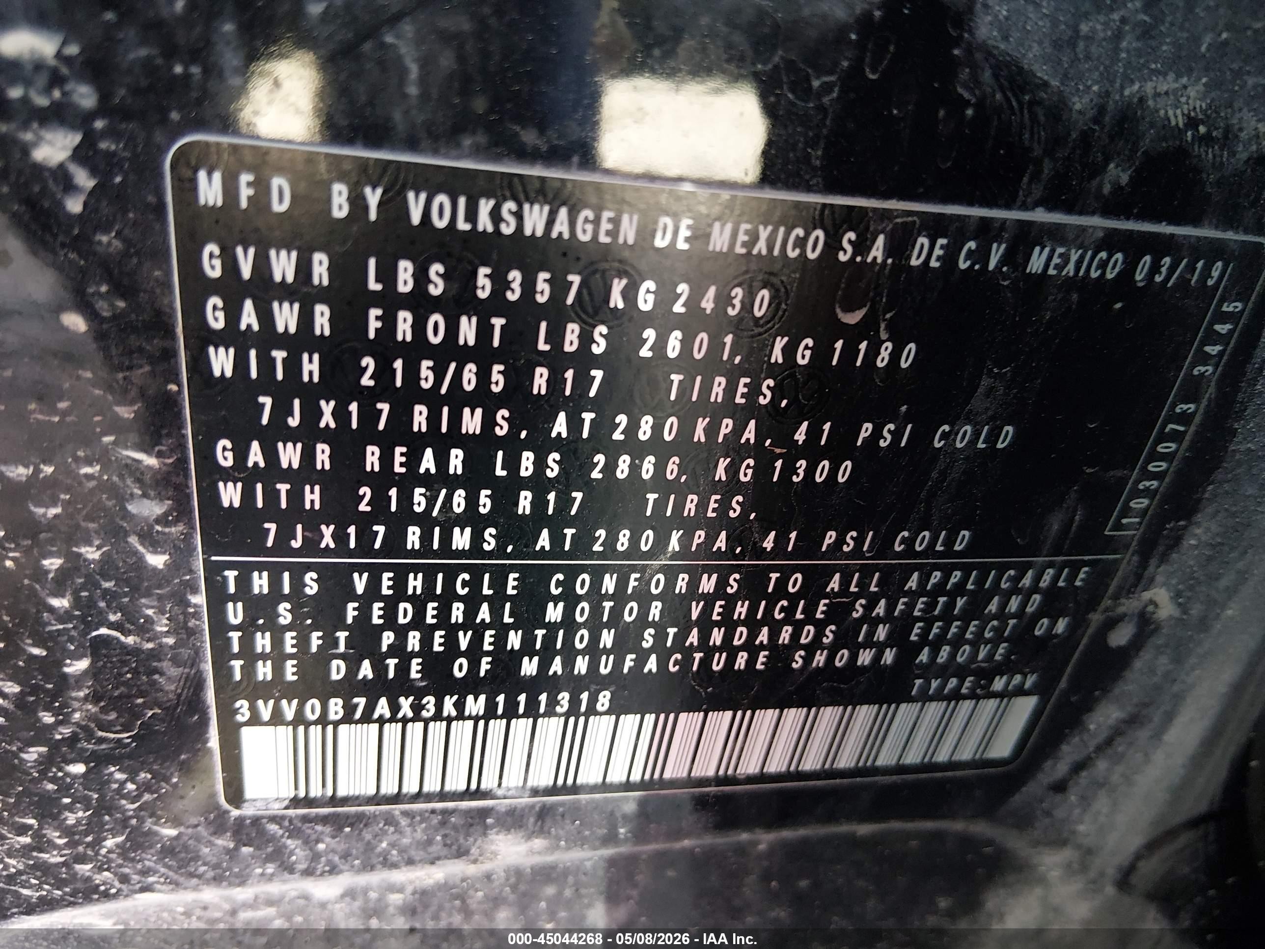 2019 Volkswagen Tiguan 2.0t S Черный vin: 3VV0B7AX3KM111318