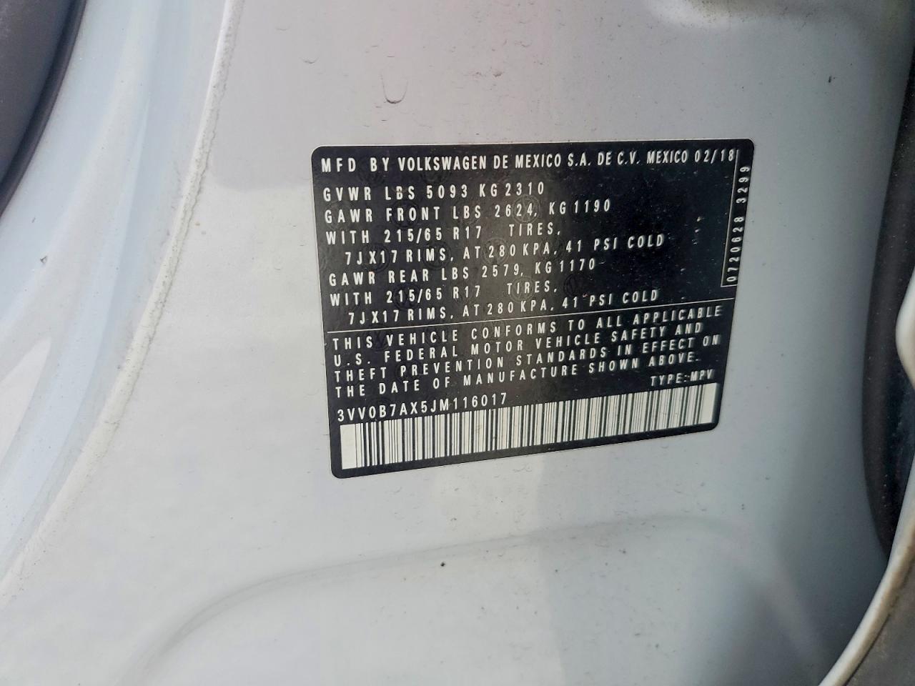 2018 Volkswagen Tiguan White vin: 3VV0B7AX5JM116017