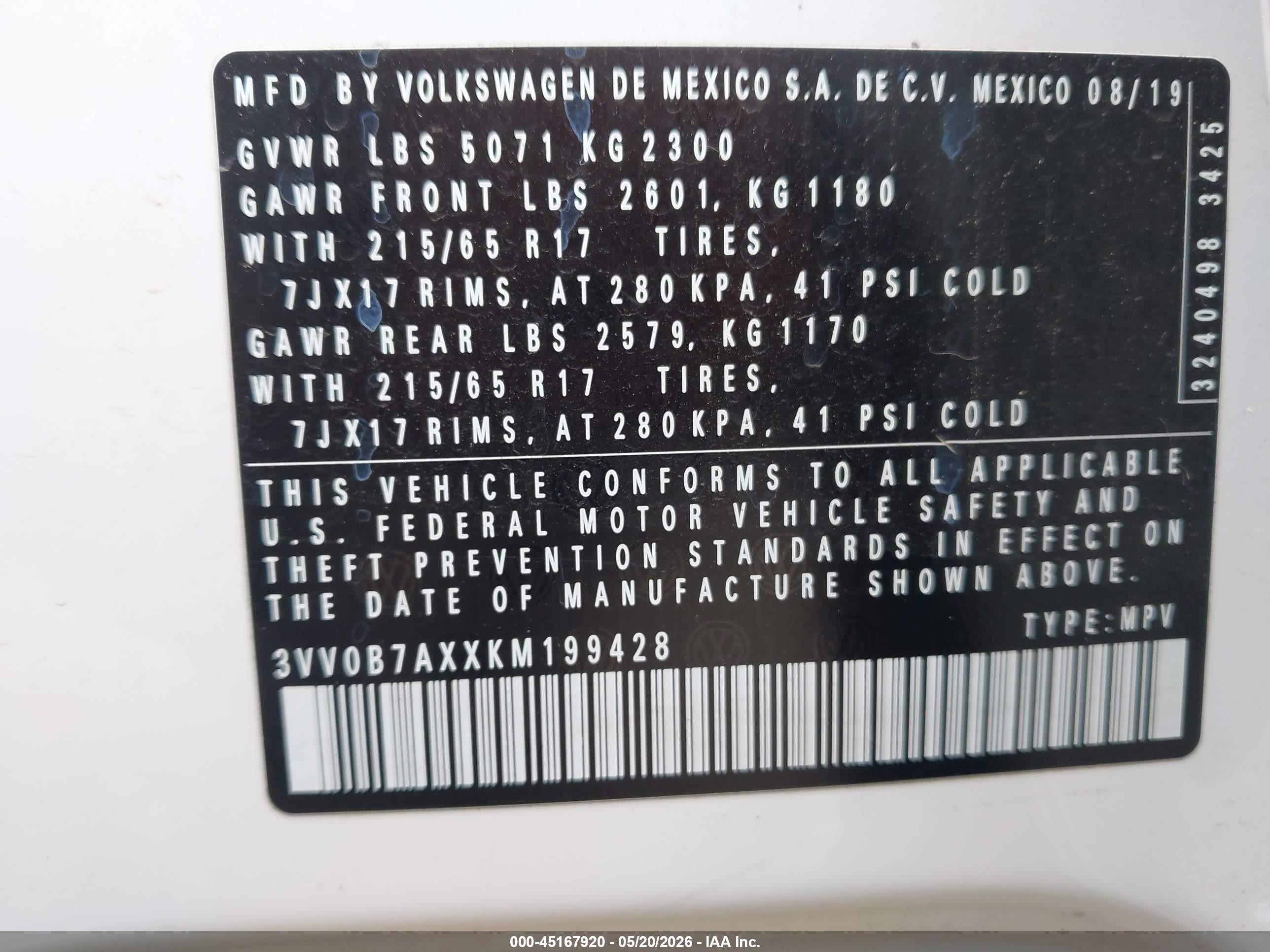 2019 Volkswagen Tiguan 2.0t S Белый vin: 3VV0B7AXXKM199428