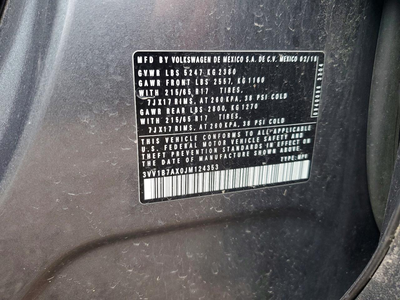 2018 Volkswagen Tiguan S Gray vin: 3VV1B7AX0JM124353