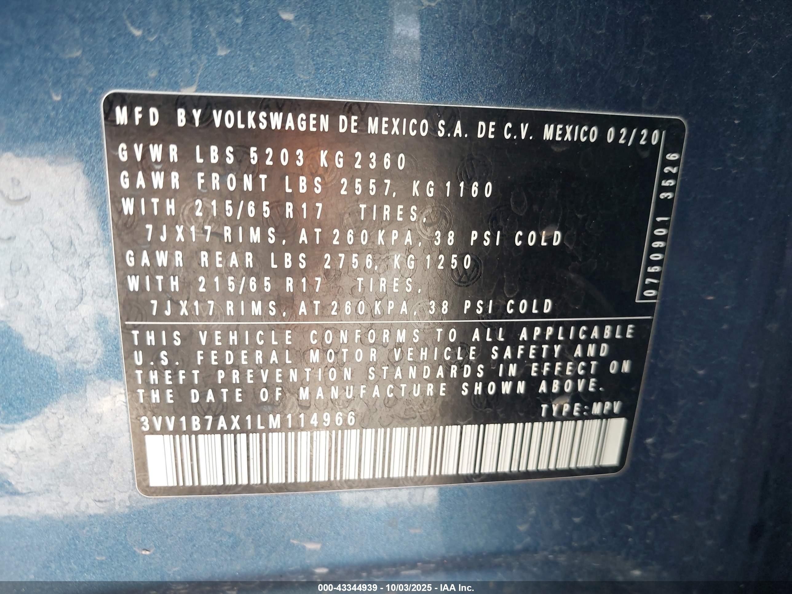 2020 Volkswagen Tiguan 2.0t S Blue vin: 3VV1B7AX1LM114966