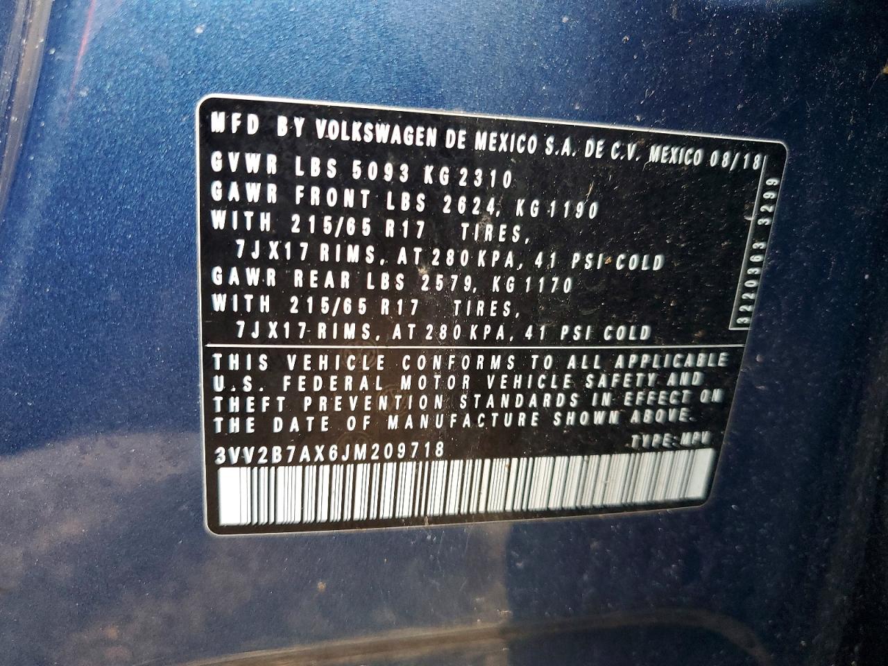 2018 Volkswagen Tiguan Se Blue vin: 3VV2B7AX6JM209718