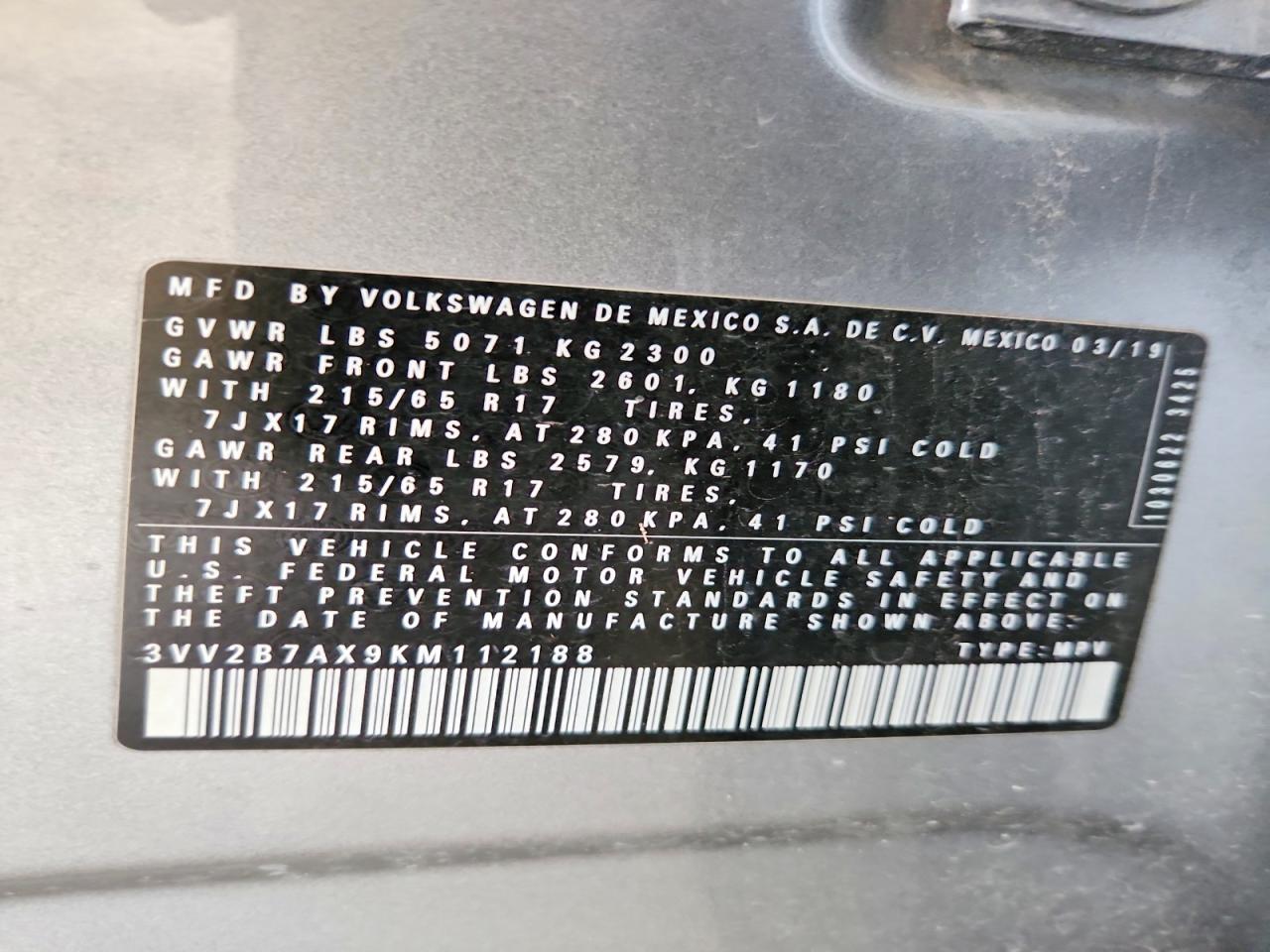 2019 Volkswagen Tiguan Se Silver vin: 3VV2B7AX9KM112188