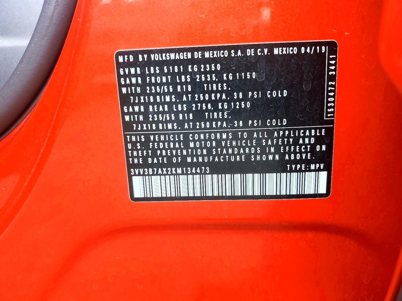 2019 Volkswagen Tiguan Se Orange vin: 3VV3B7AX2KM134473