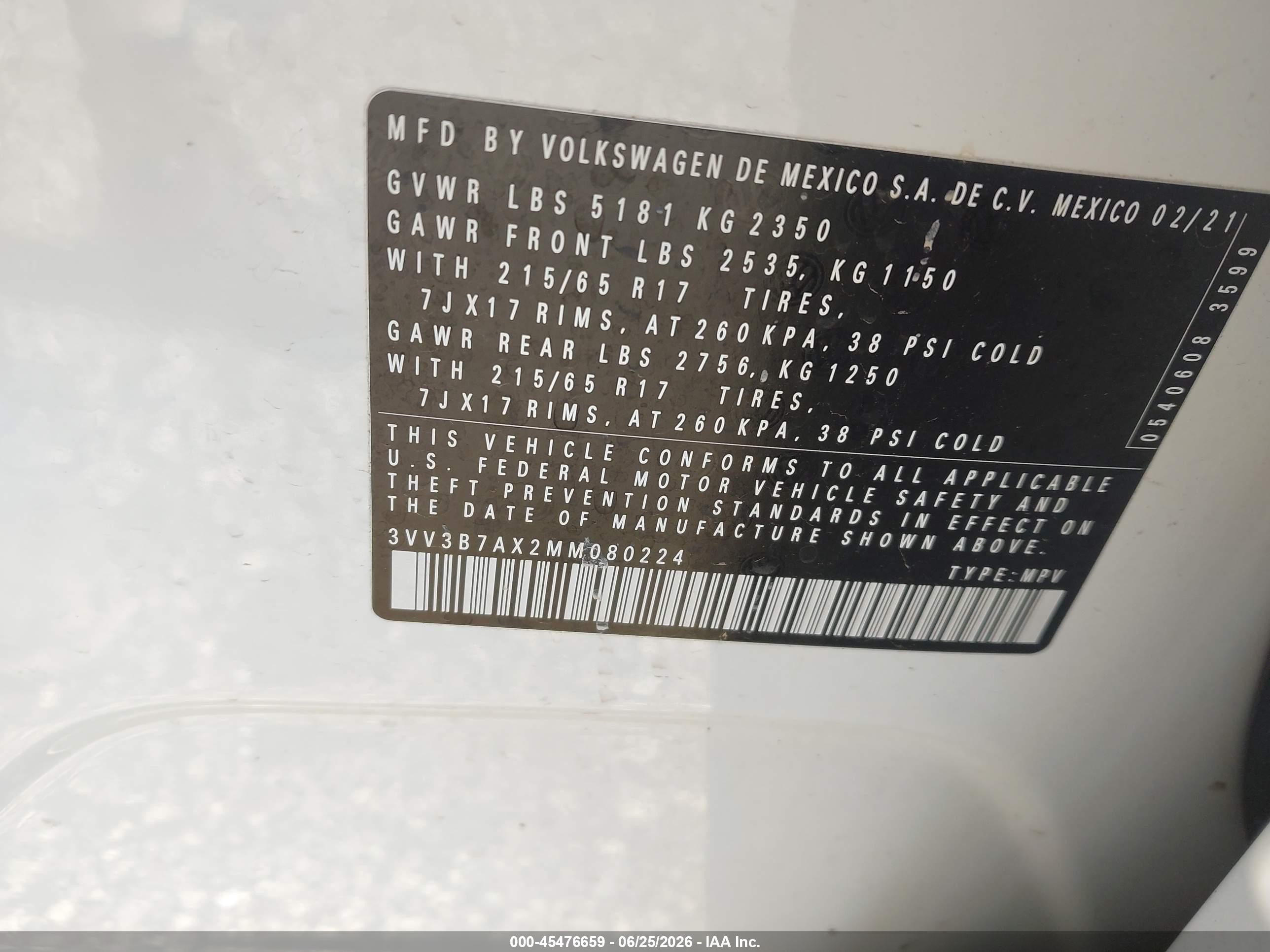 2021 Volkswagen Tiguan 2.0t Se/2.0t Se R-line Black/2.0t Sel White vin: 3VV3B7AX2MM080224