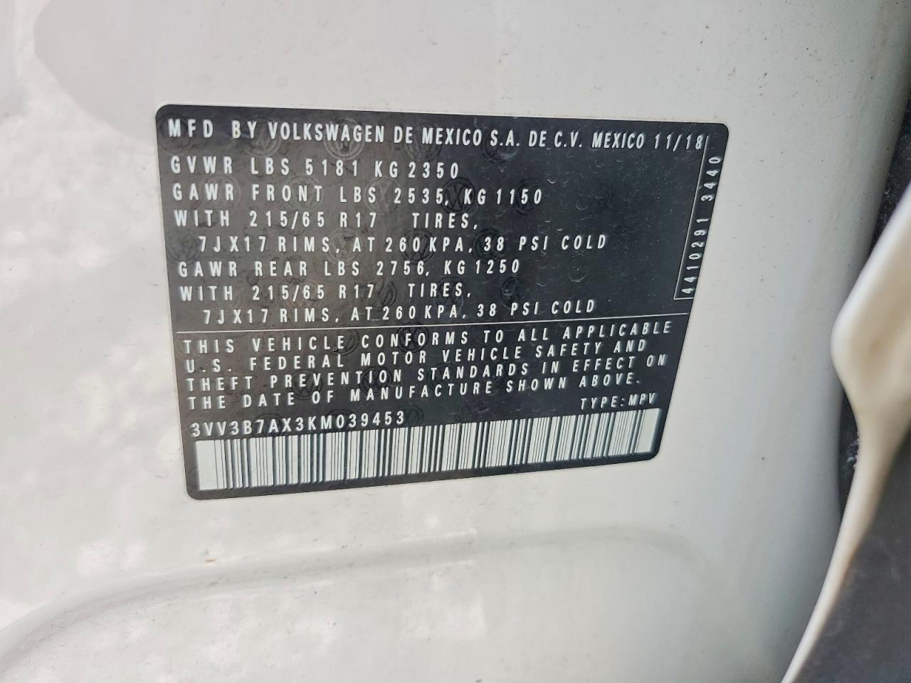 2019 Volkswagen Tiguan Se/sel/sel R-line Jet-black/sel R-line White vin: 3VV3B7AX3KM039453